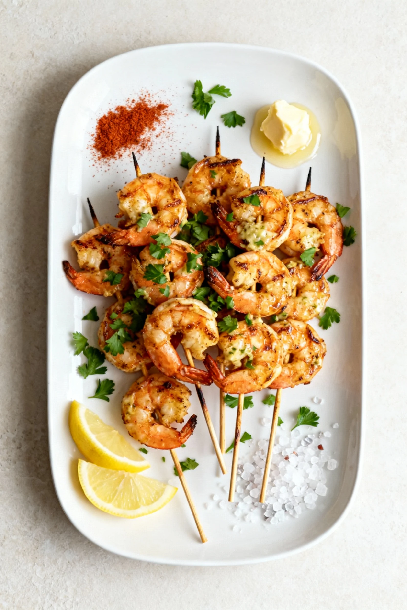 Overhead final presentation: garlic butter grilled shrimp skewers on a white platter with chopped parsley, lemon wedges,