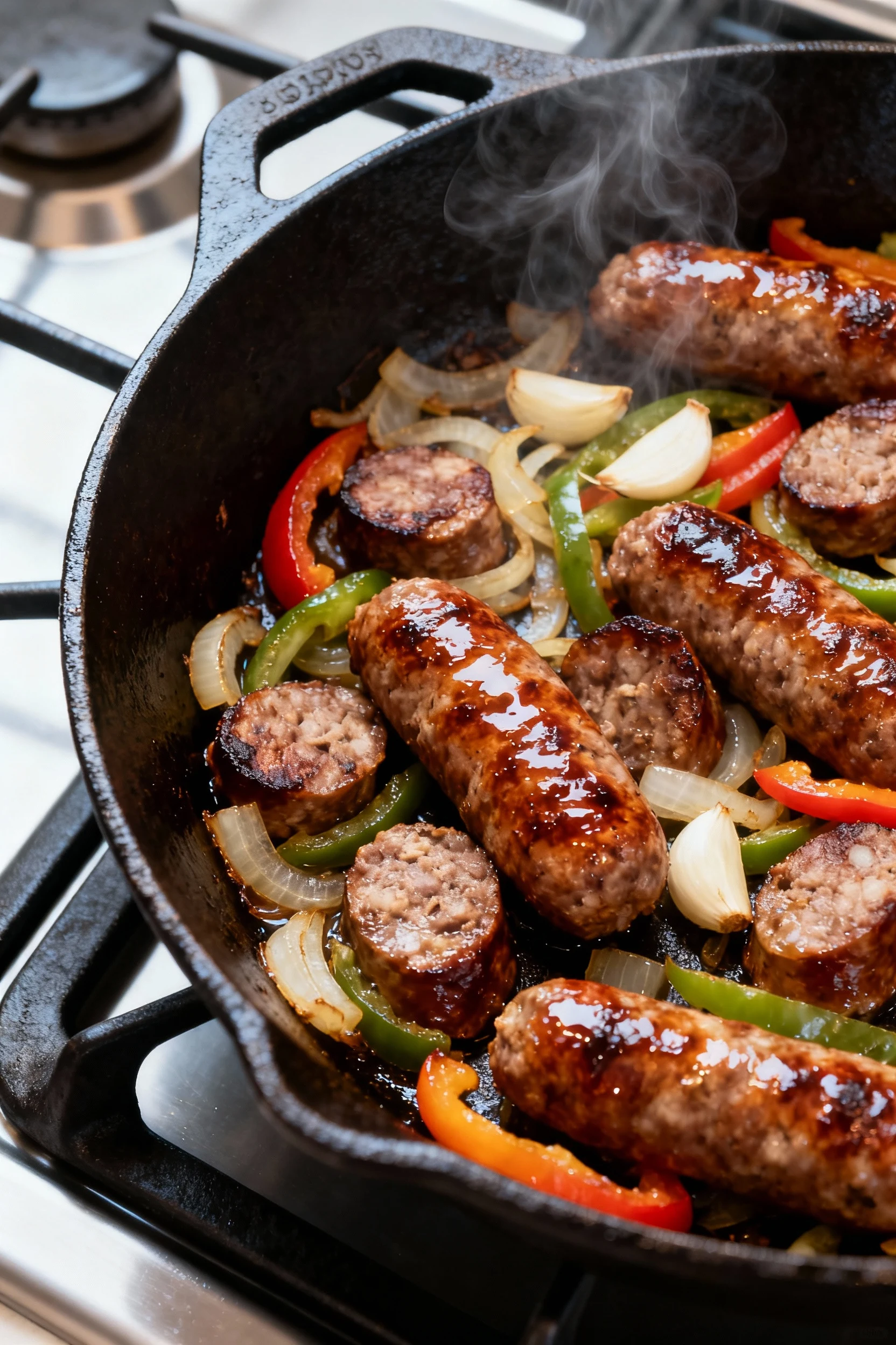 Food photography, Cooking process (cooked stage): cast-iron skillet of fully browned breakfast sausage with sautéed onio
