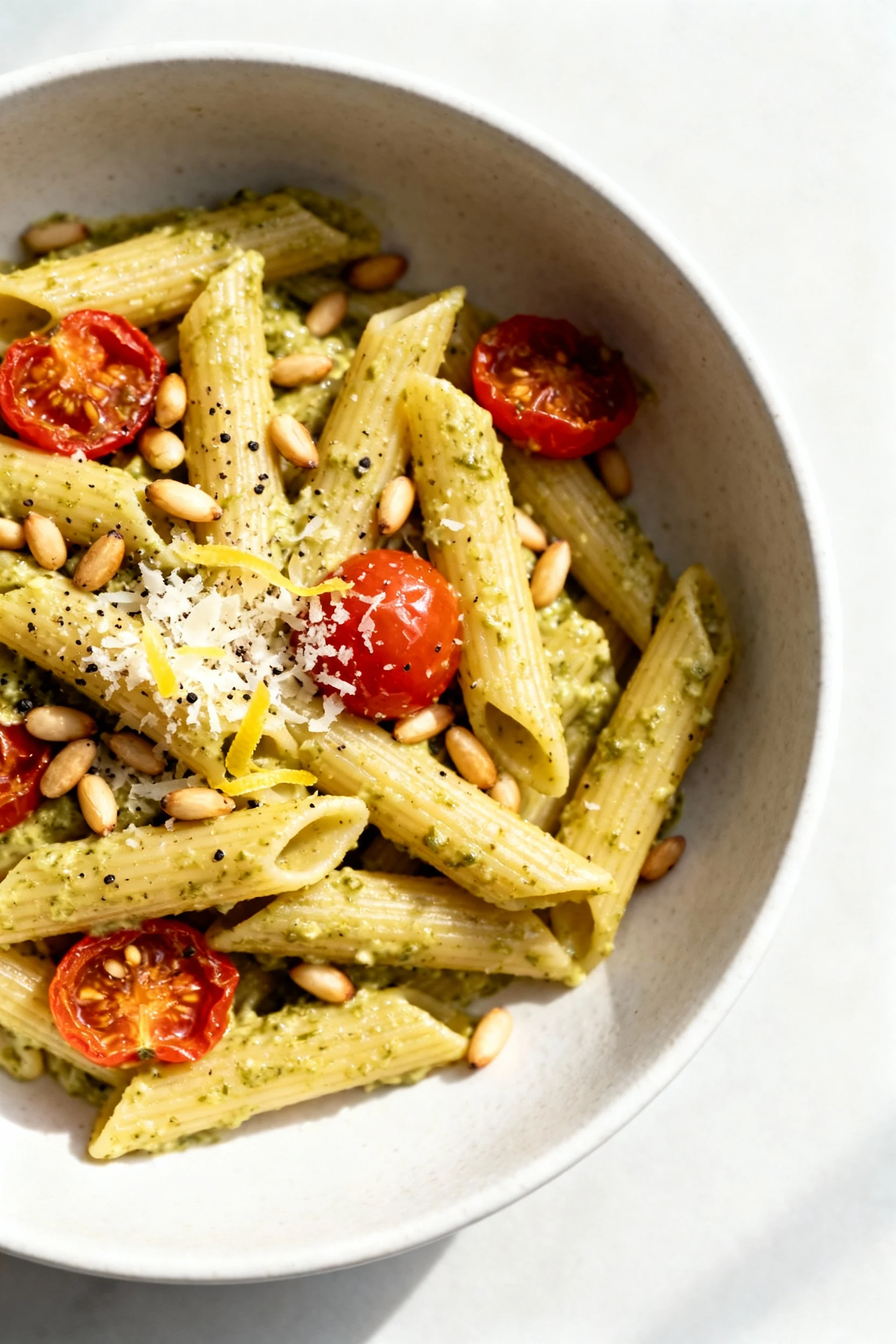 3. Overhead shot of the final creamy pesto pasta in a matte white bowl: penne coated evenly, warmed cherry tomatoes, toa