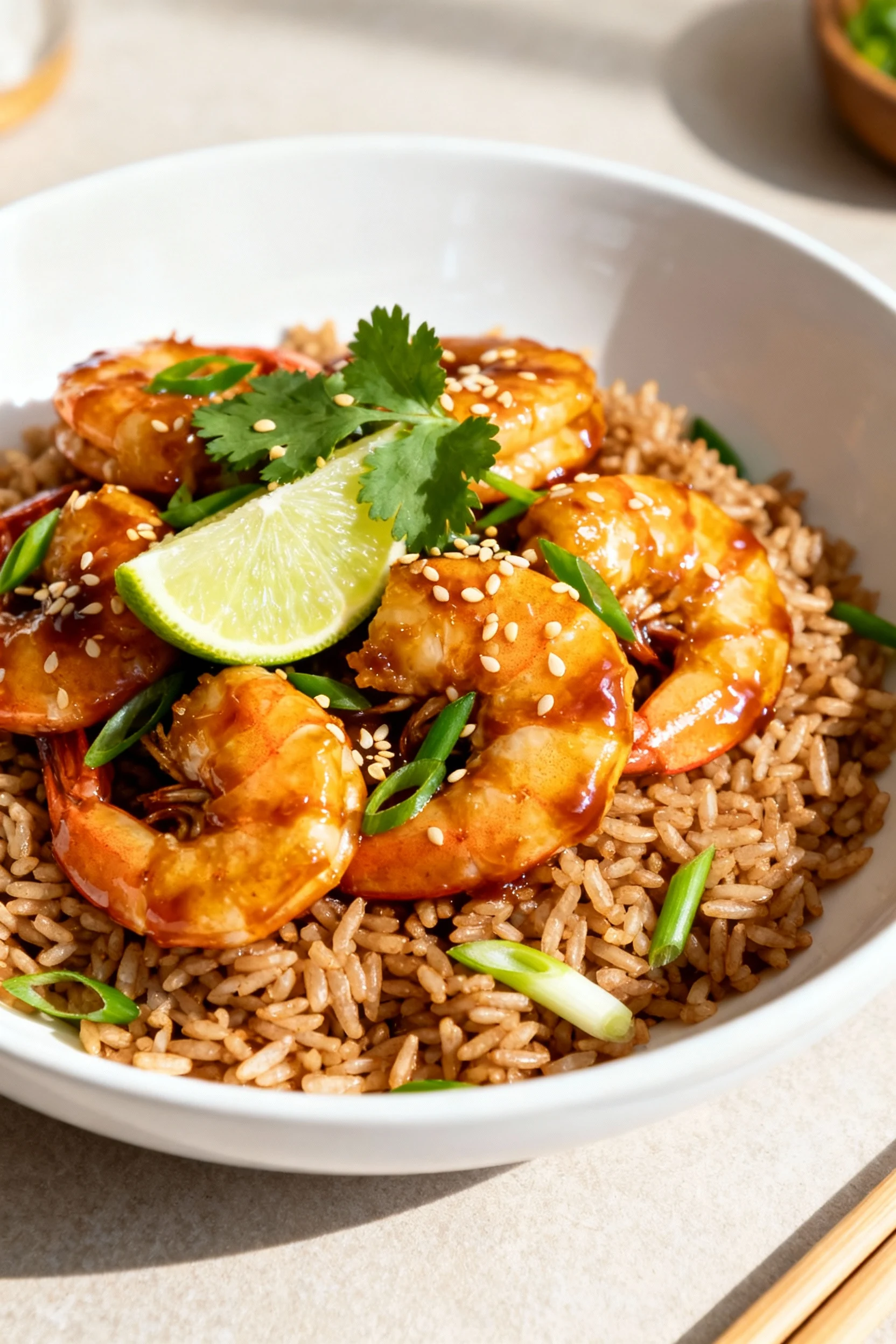 Beautifully plated prawn stir-fry over steamed brown rice in a shallow white bowl, glossy sauce, lime wedge, cilantro, s