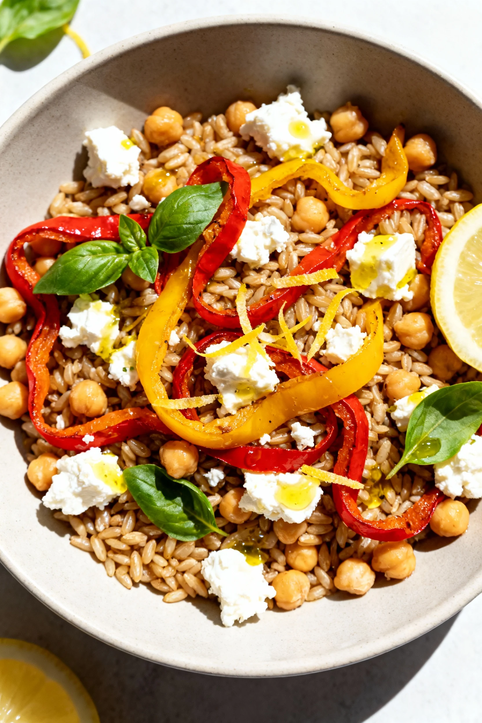Tasty top view: Grain bowl with farro, chickpeas, feta, and ribbons of roasted red/yellow peppers, drizzled with lemony 