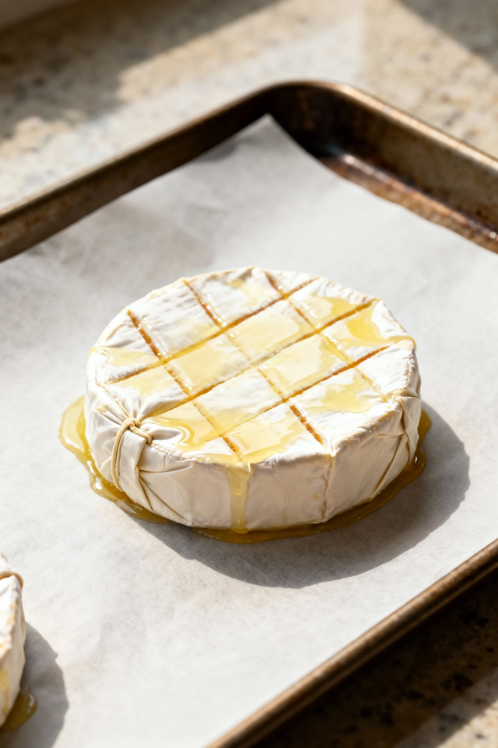 Process shot: wrapped brie seam-side down on a parchment-lined baking sheet, seams firmly sealed, brushed with egg wash 