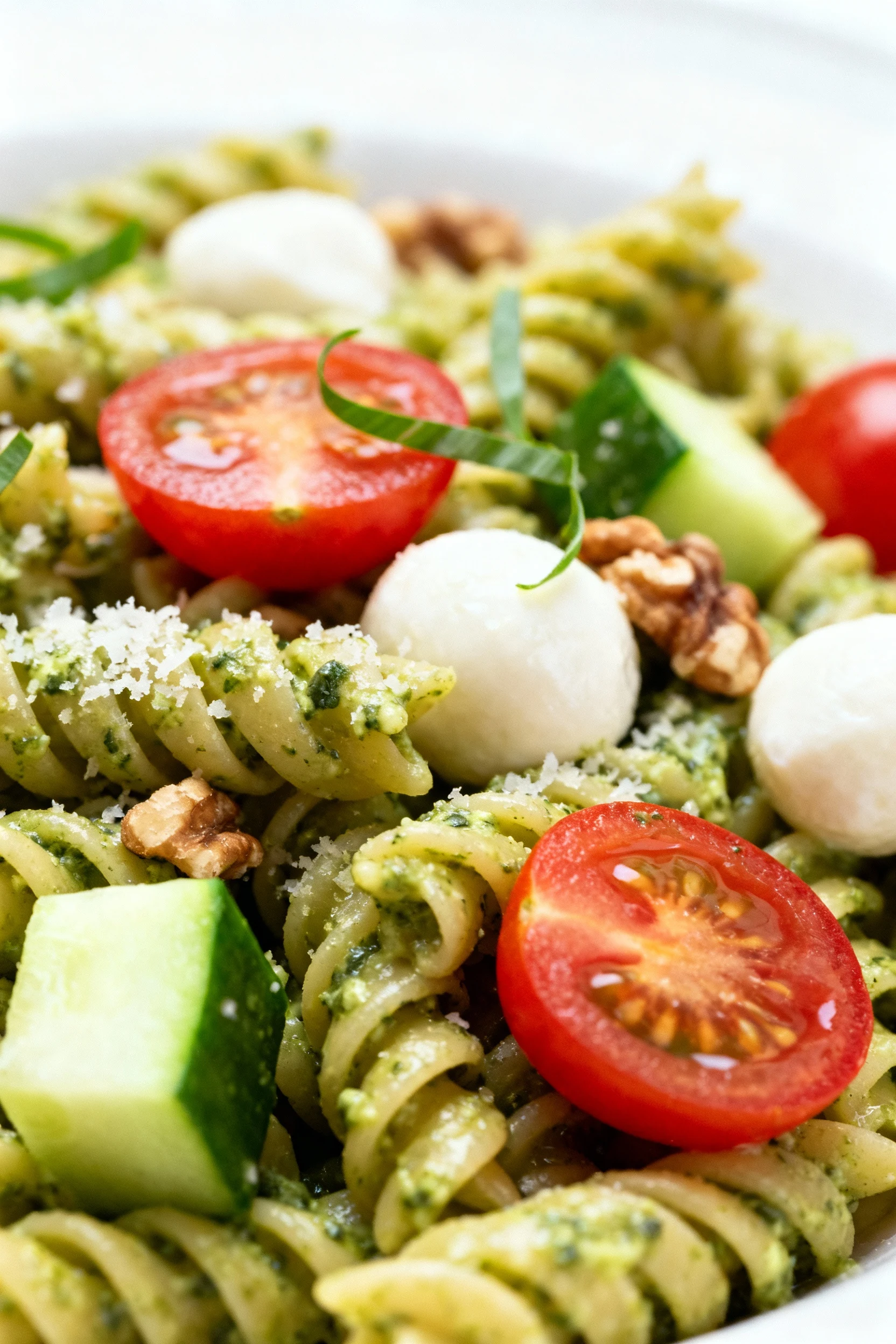 Close-up detail: ridged fusilli coated in creamy basil–spinach pesto with Parmesan sheen and walnut specks, juicy cherry