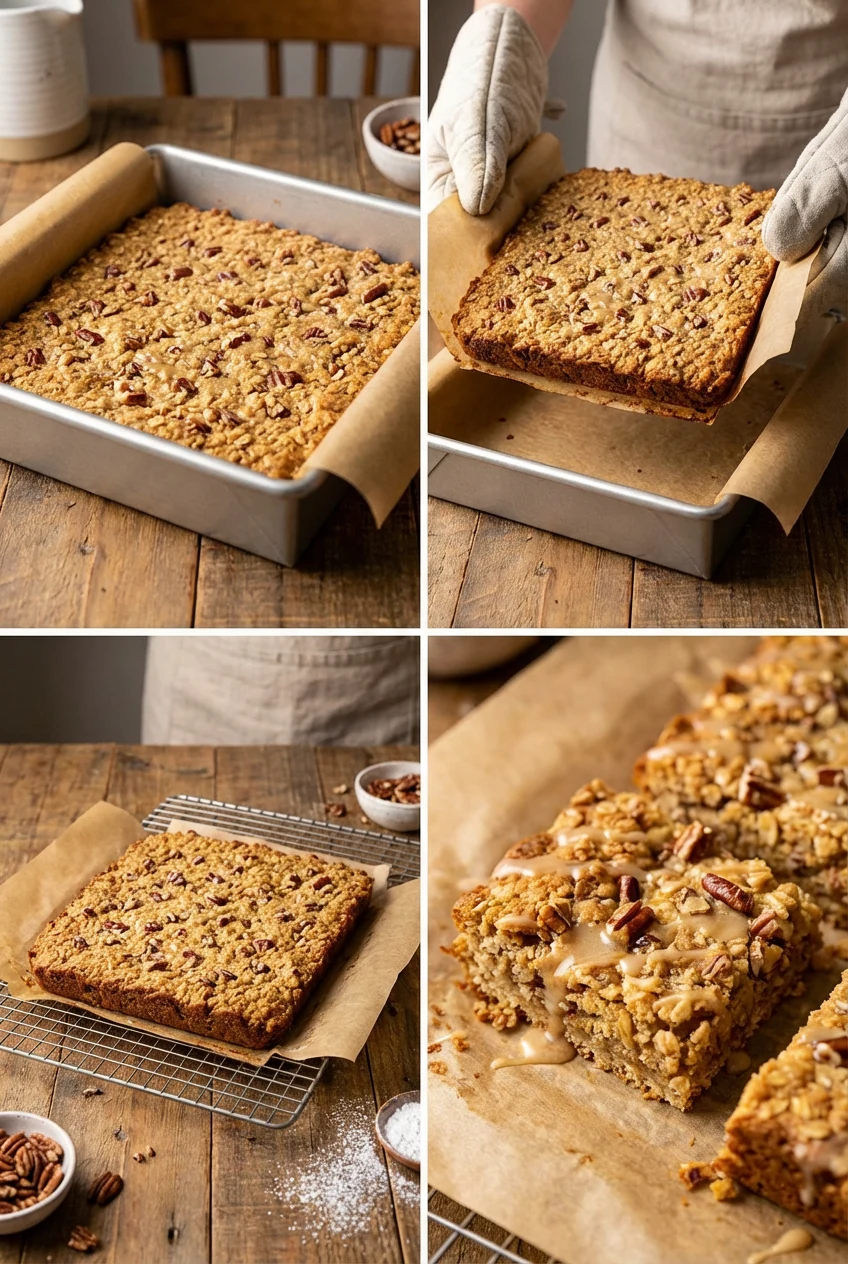 Cooking process: Maple Pecan Oatmeal Bars just out of the oven, lifted by parchment overhang from an 8×8 pan; golden edg