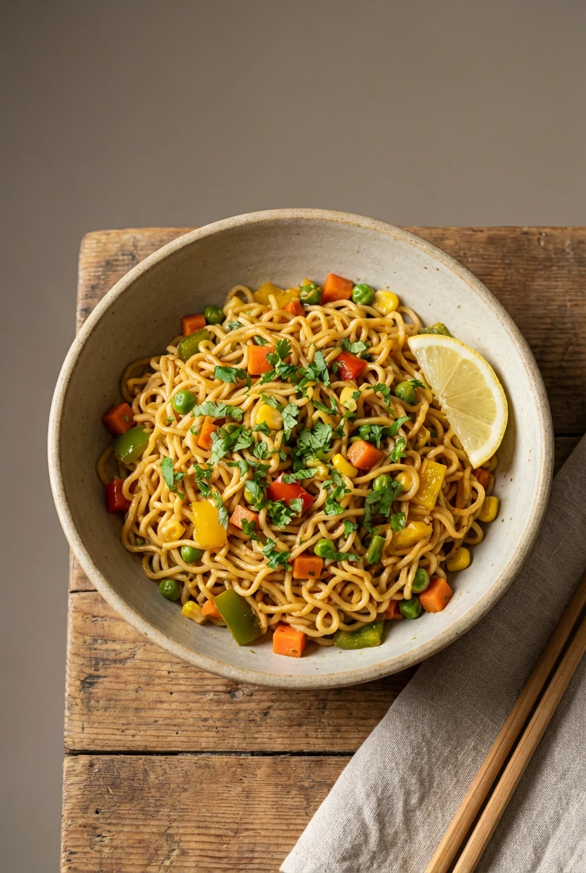 Overhead shot of a matte bowl of veg Maggi noodles: evenly coated, separated springy strands, colorful veg scattered, ga