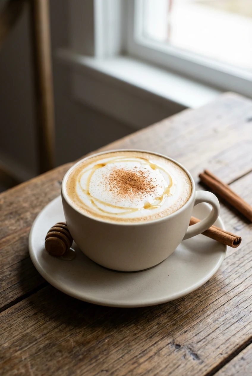 3. Beautifully presented honey cinnamon flat white in a wide cup with silky microfoam forming a thin glossy cap over dou