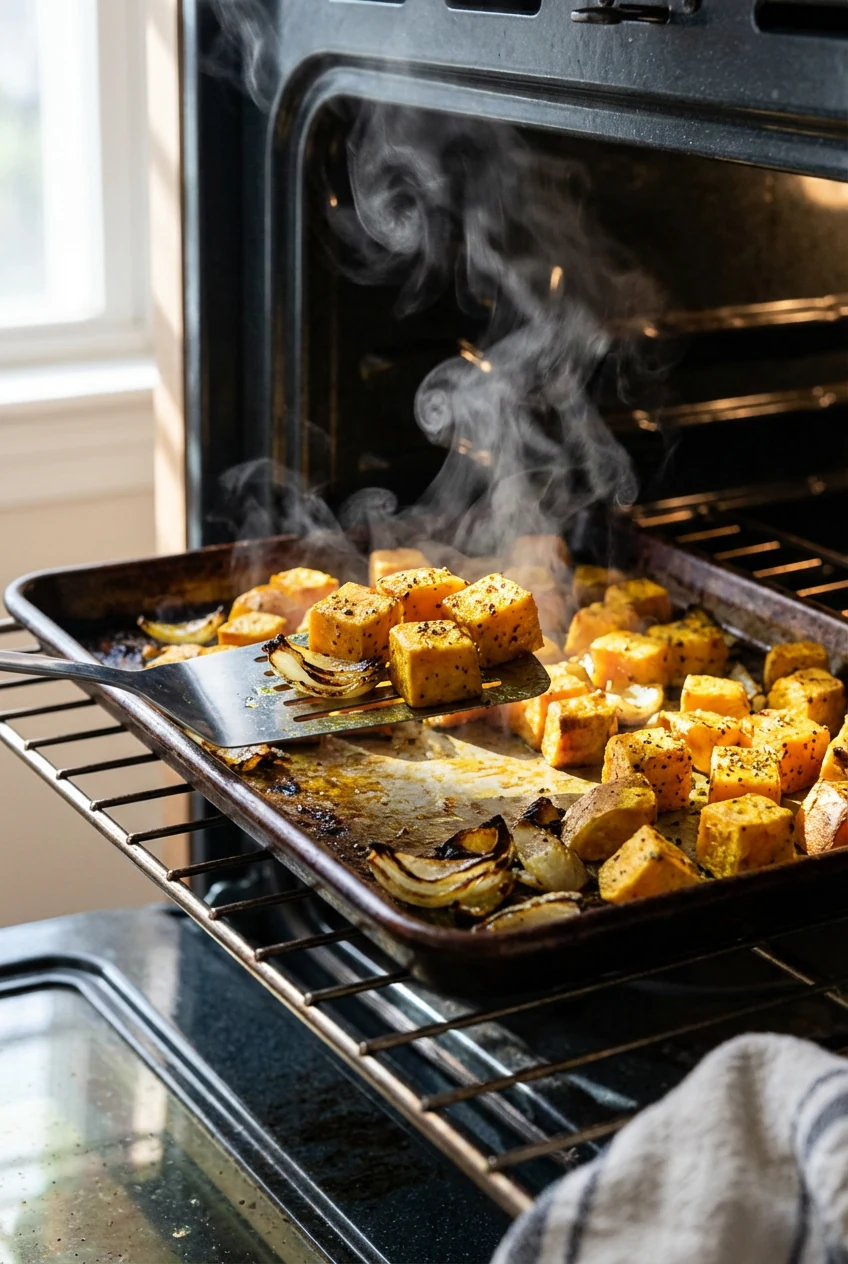 Cooking process: Curry Turmeric sheet-pan roast at the 15-minute flip, metal spatula lifting golden sweet potato cubes w
