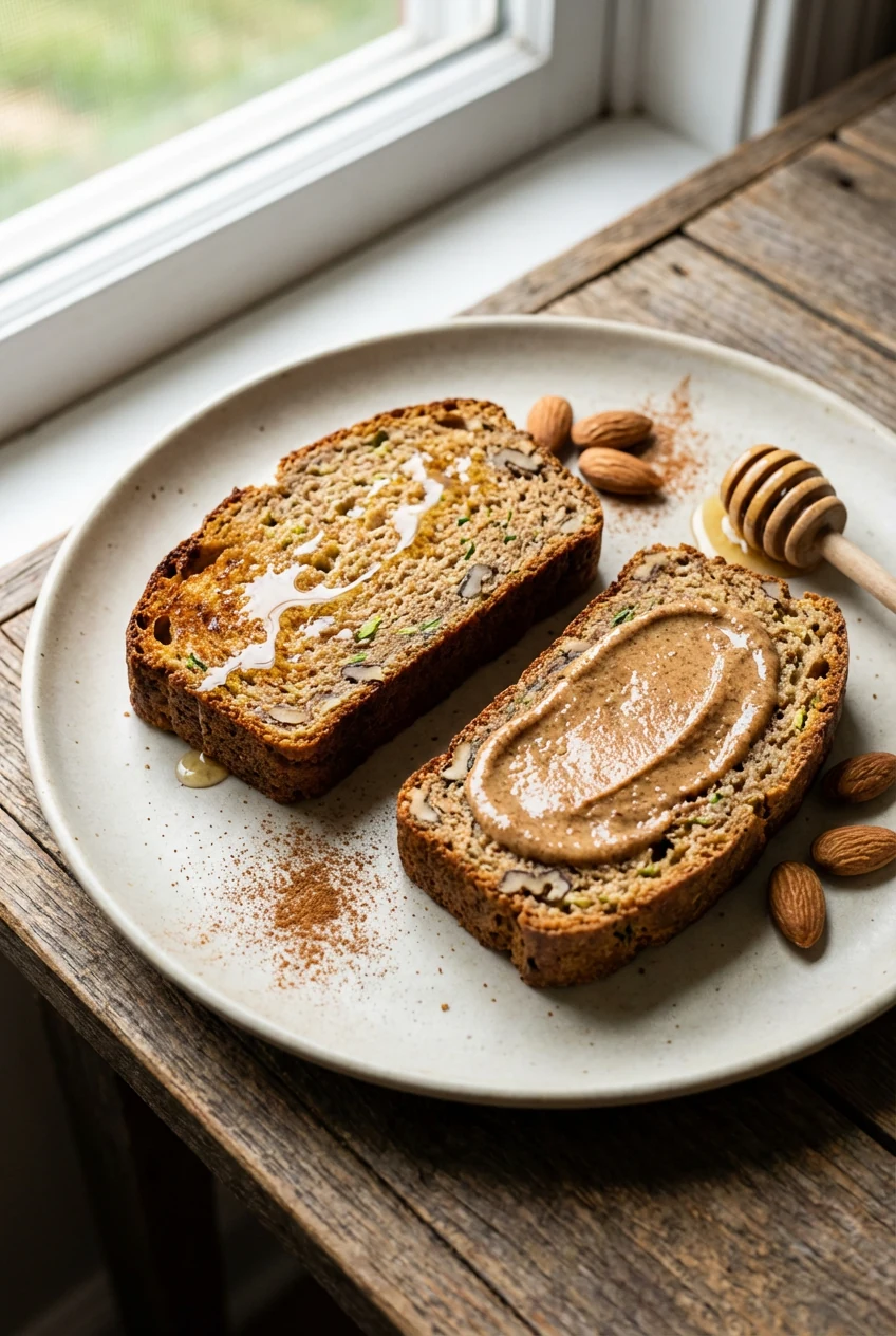 Beautifully plated two slices of zucchini bread on a matte ceramic plate—one toasted with crisp edges and a drizzle of h