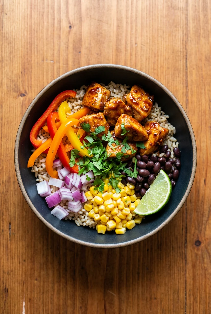 Tasty top view, Chipotle Lime bowl: overhead of brown rice topped with chipotle-lime-coated chicken, bell pepper strips,