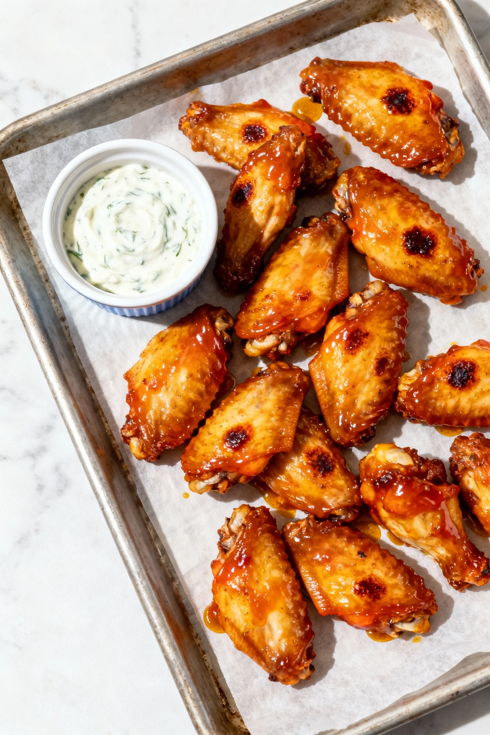 Overhead shot of wings tossed in sweet heat (honey + hot sauce), sticky glossy glaze with caramelized spots, arranged on