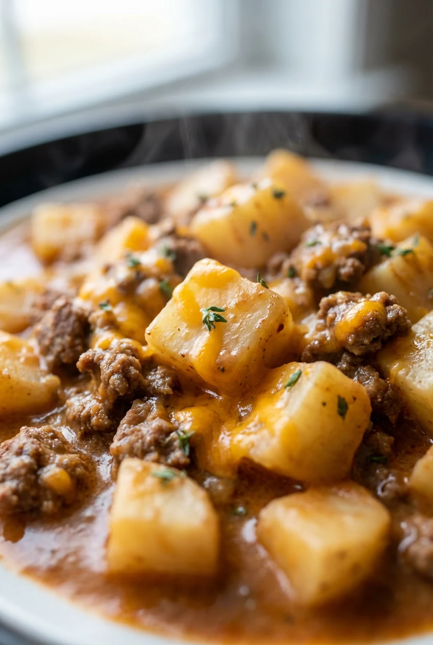 Extreme close-up detail of Instant Pot Ground Beef and Potatoes: creamy 3/4-inch potato cubes and beef crumbles coated i