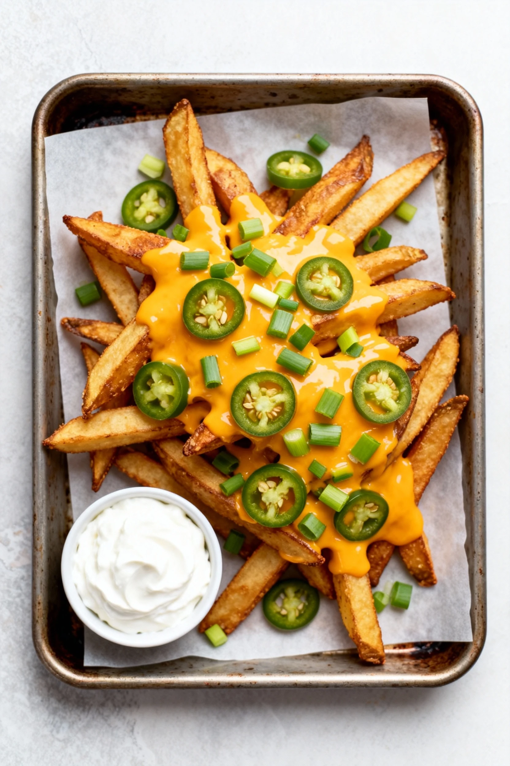 Overhead shot of loaded air-fryer fries on a small parchment-lined sheet pan: melted sharp cheddar, sliced jalapeños, an