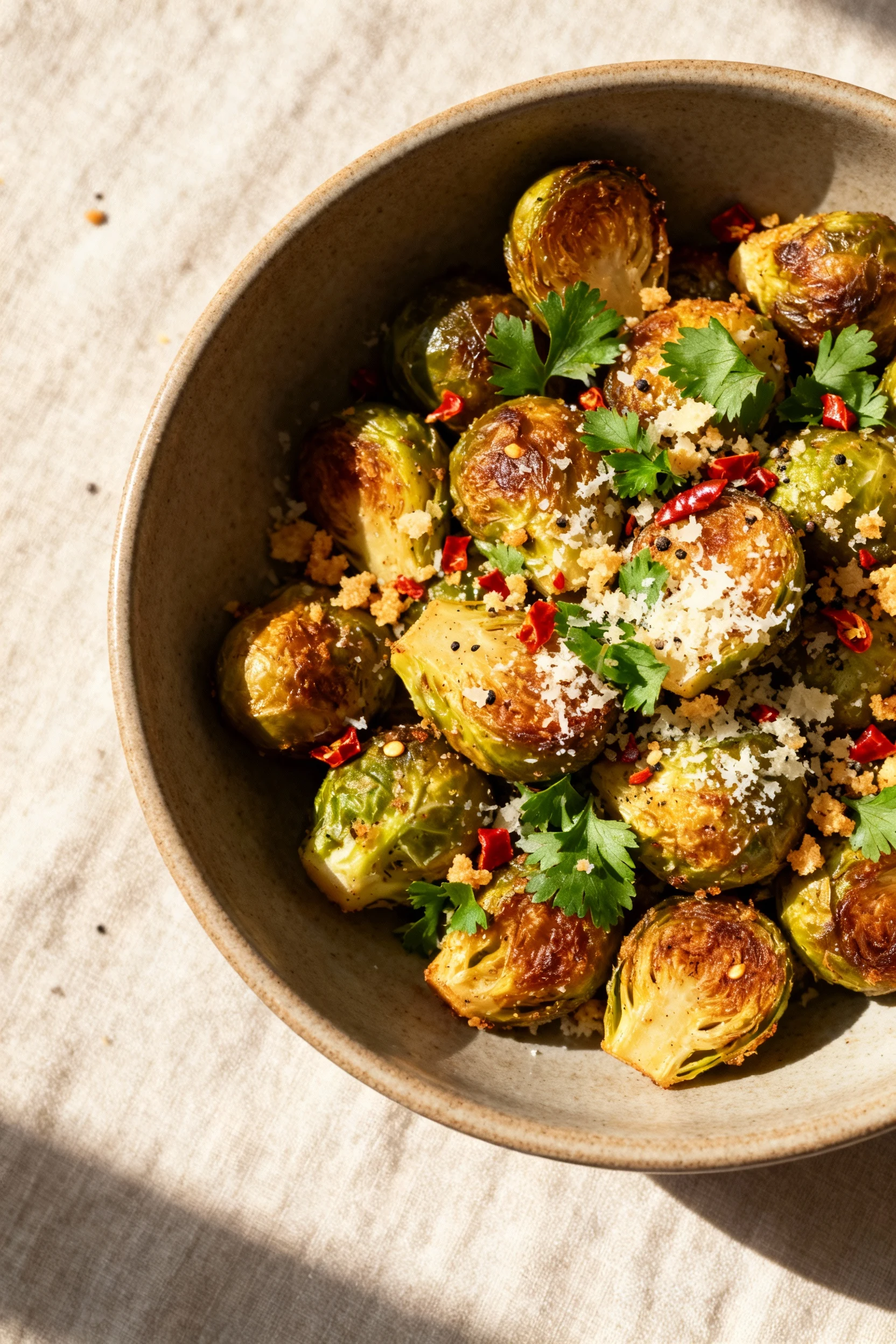 Overhead shot of a warm serving bowl filled with garlic-parmesan Brussels sprouts, evenly browned and crunchy, topped wi