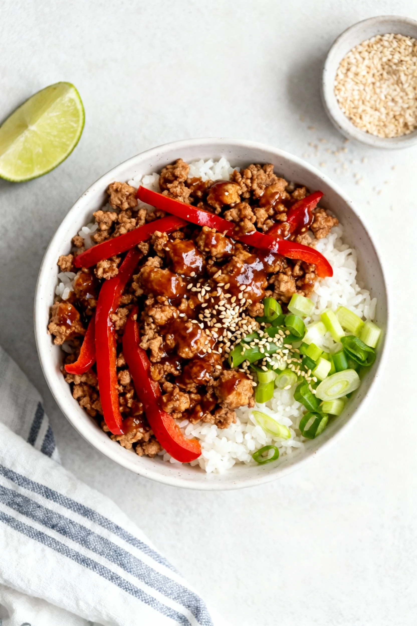 3. Overhead shot of teriyaki ground turkey rice bowl, glossy sauce coating turkey crumbles, red bell pepper strips, scal