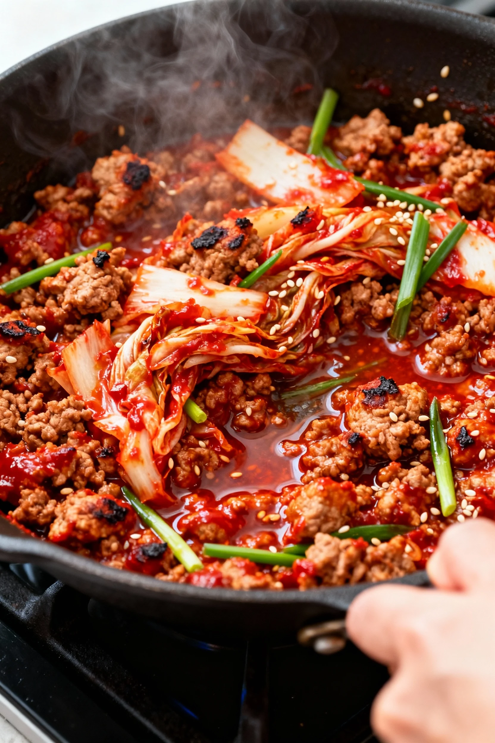 Cooking process: Spicy Korean combo in a skillet—gochujang-coated ground turkey sizzling in sesame oil with kimchi and s