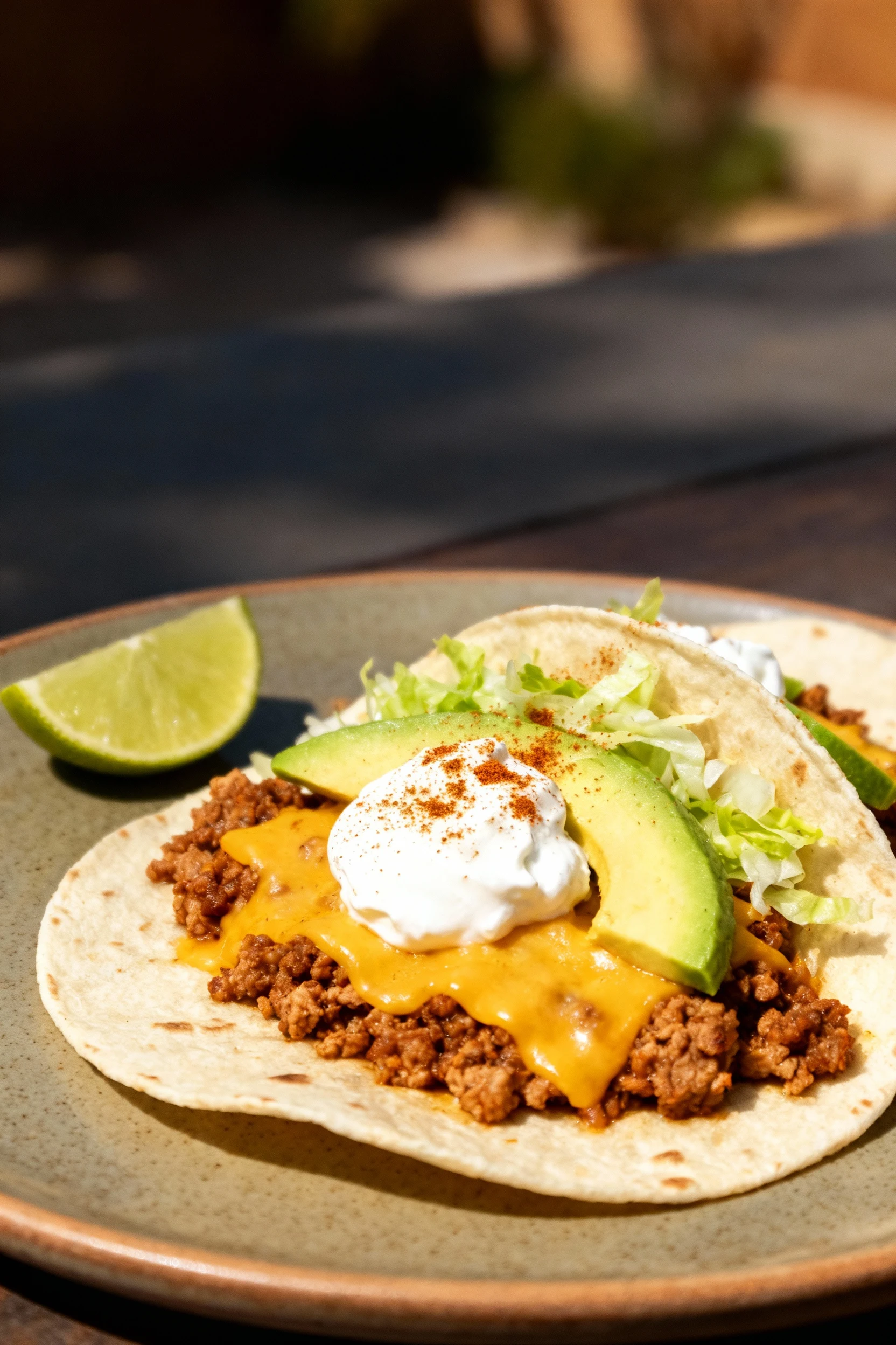 Beautifully plated ground turkey tacos on a matte ceramic plate—soft flour tortillas, generous filling, melted cheese, s