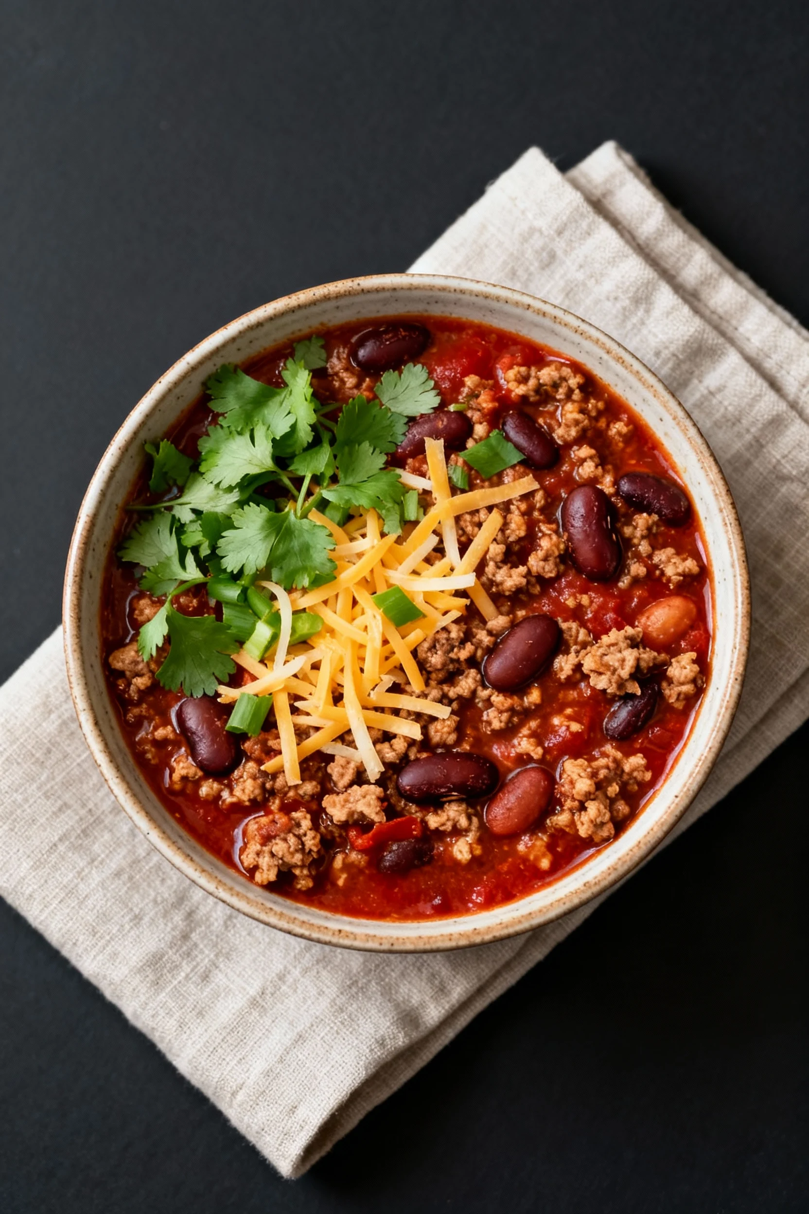 Overhead shot of a ceramic bowl of ground turkey chili garnished with chopped cilantro and shredded cheese; beans and tu