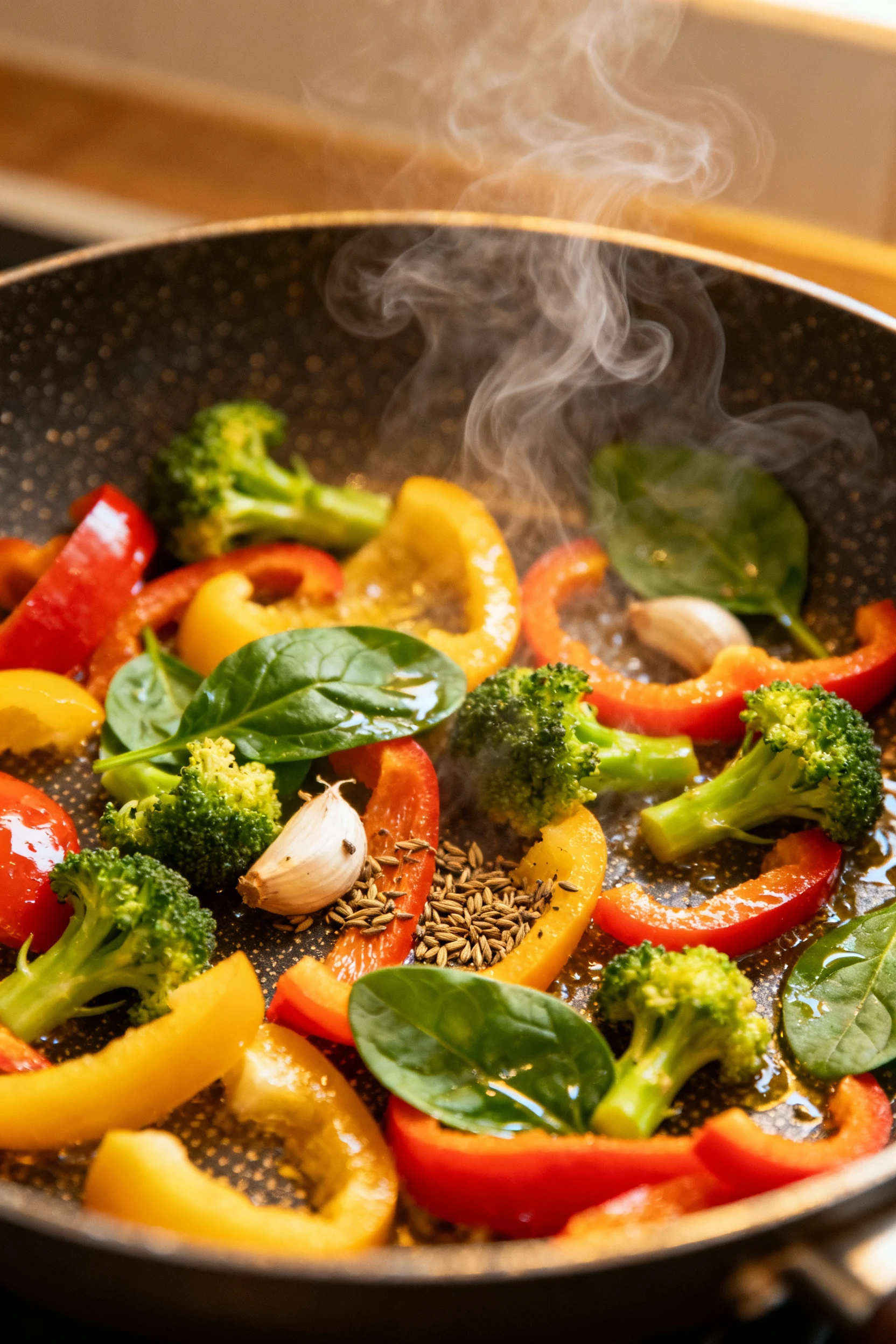 Mid-cooking scene of colorful bell peppers, broccoli florets, and spinach leaves sizzling in a non-stick skillet with ga
