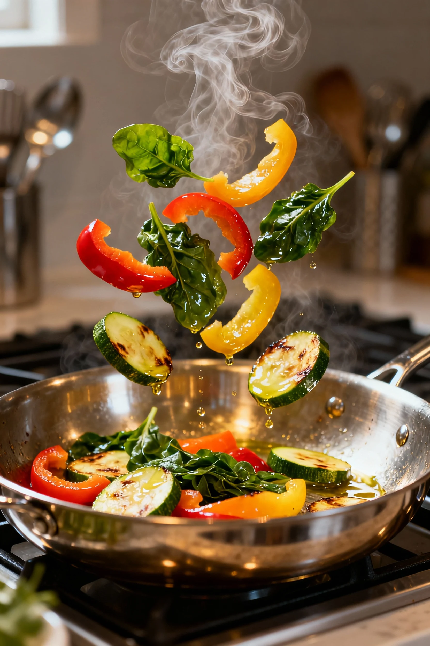 Cooking process shot of rainbow vegetable stir-fry in a stainless steel sauté pan, bell peppers, zucchini, and spinach g
