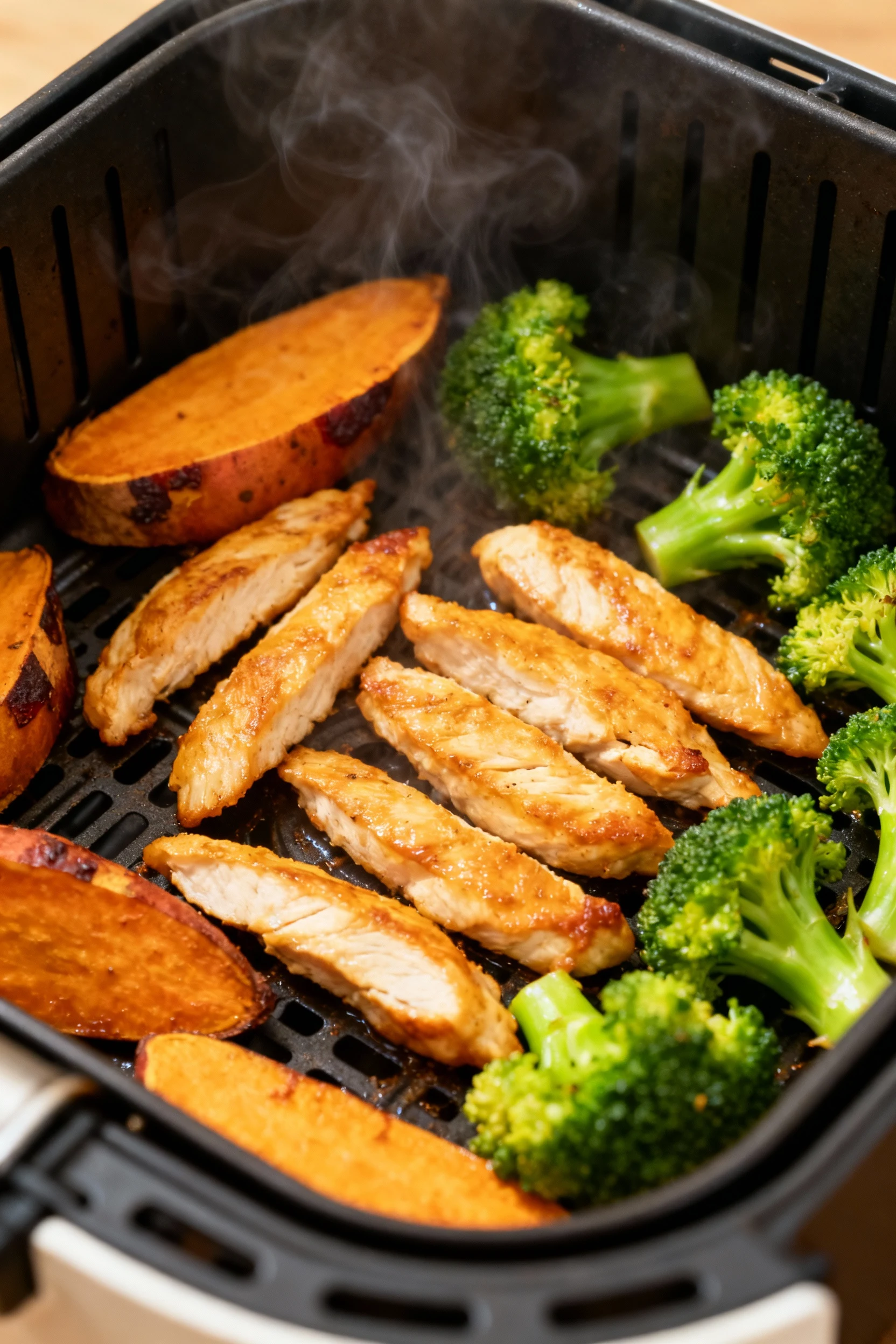 Macro detail of air fryer basket mid-cook with evenly spaced chicken strips turning golden, sweet potatoes showing roast