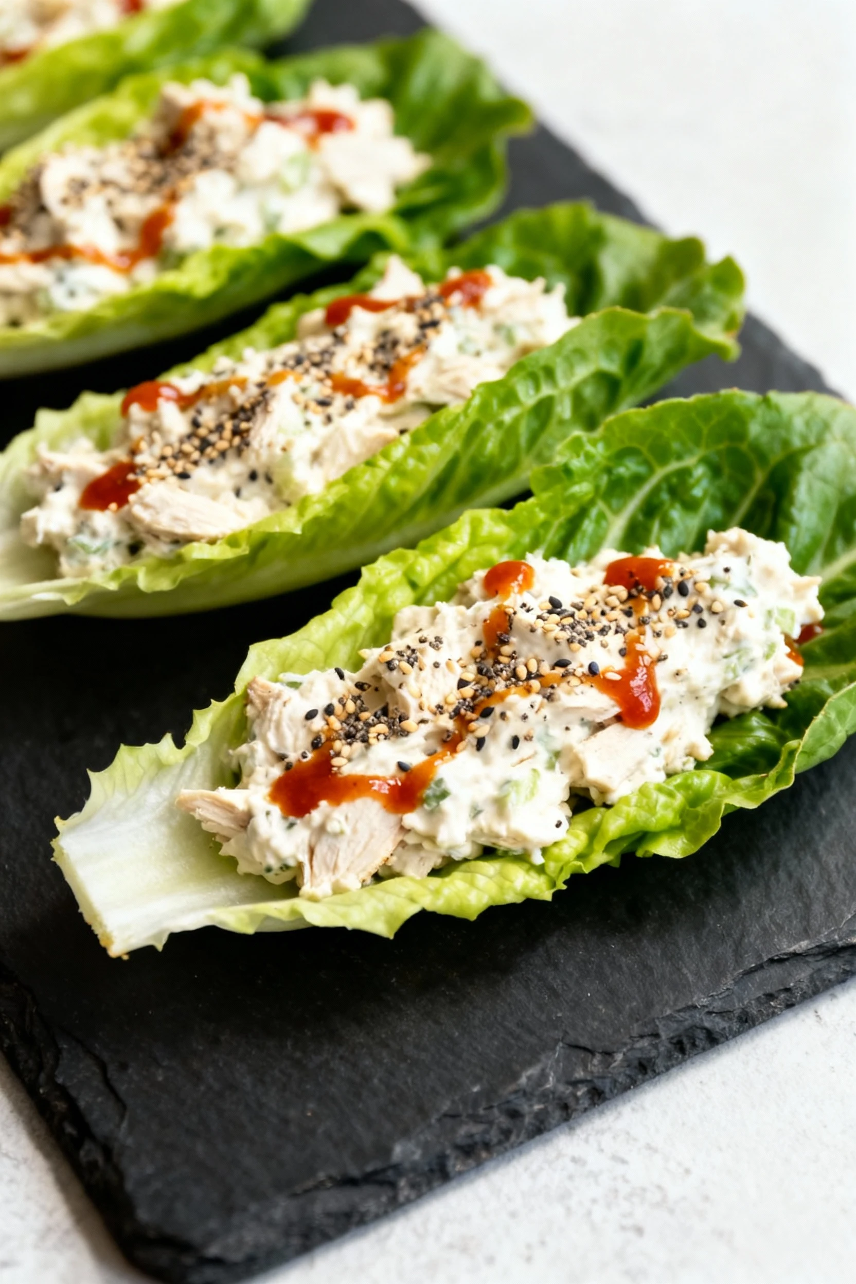 Beautifully plated romaine lettuce wraps filled with creamy chicken salad, sprinkled with everything bagel seasoning and
