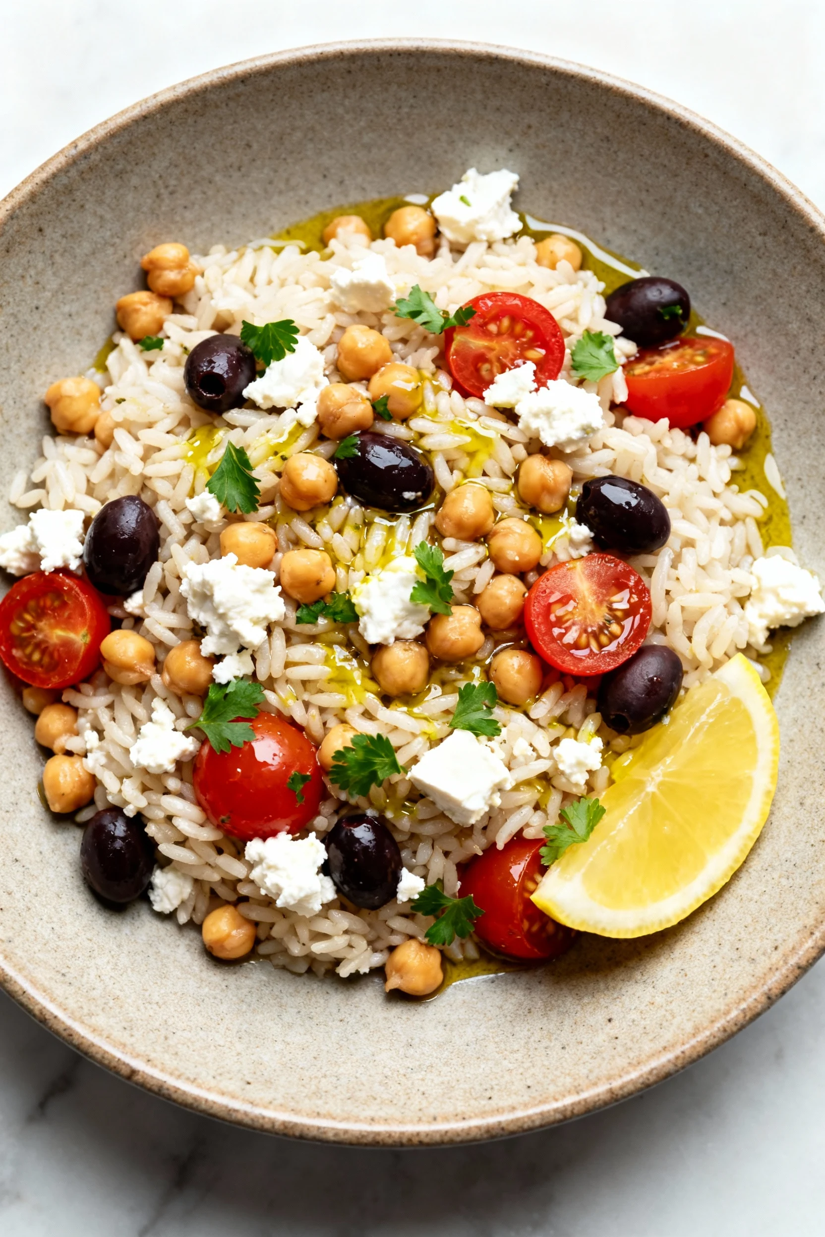 Final dish: Mediterranean Chickpea Rice plated on a matte ceramic plate—fluffy rice folded with chickpeas, cherry tomato