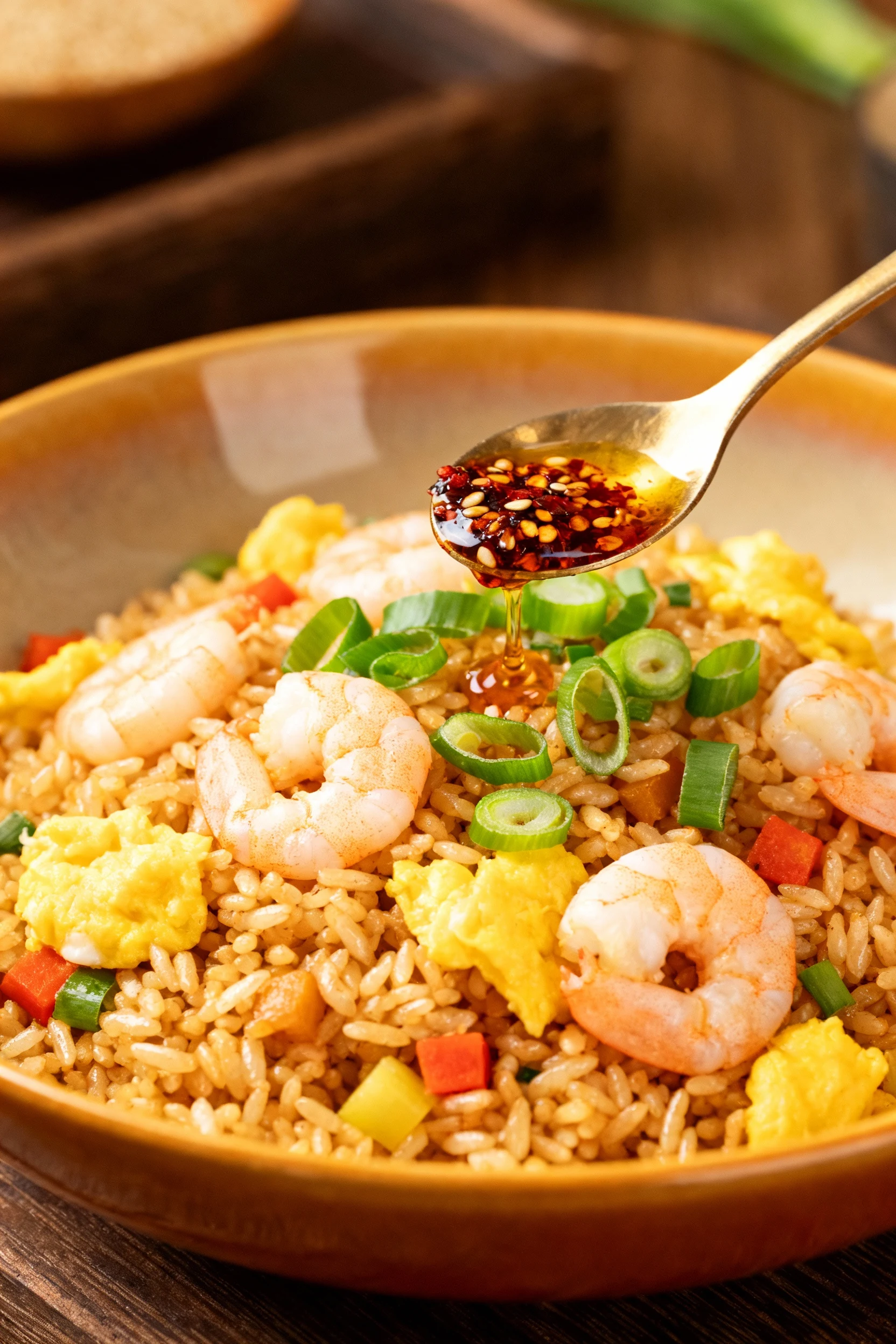 Beautifully plated fried rice in a warm ceramic bowl: bouncy grains studded with shrimp, egg, and veggies, finished with
