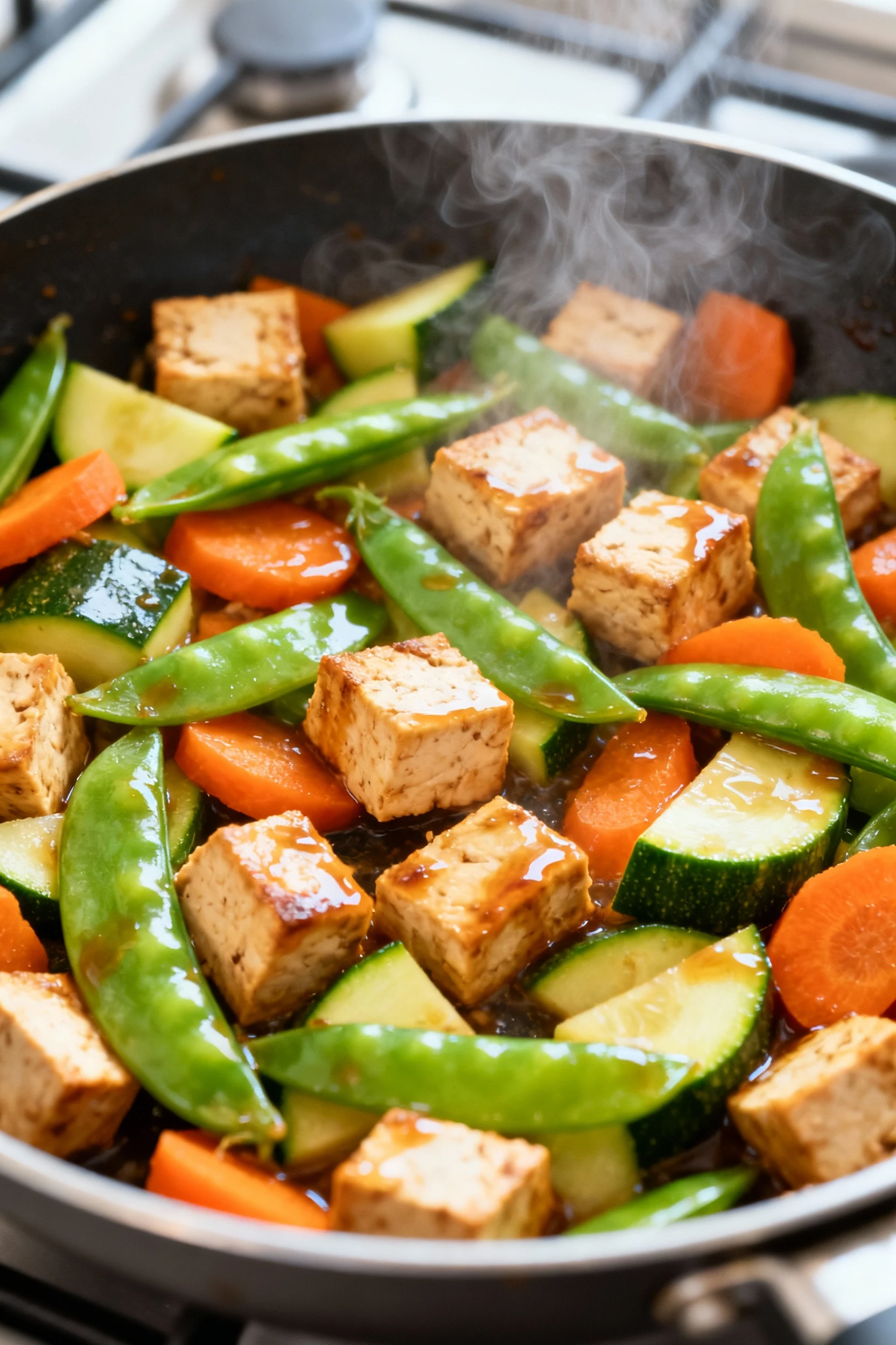 Cooking process shot: colorful stir-fry of diced tofu, snap peas, zucchini, and carrots sizzling in a skillet, glossy sa