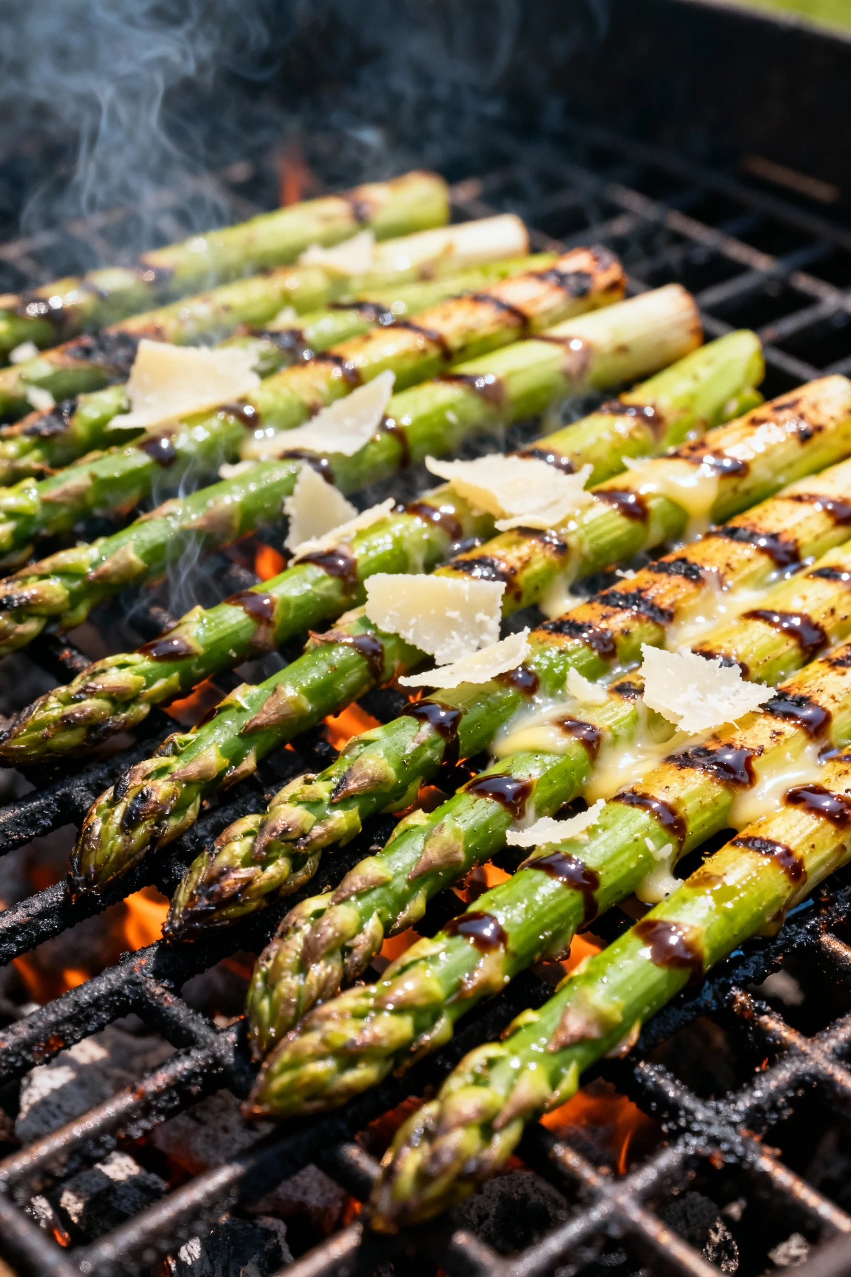 Asparagus grilling over medium-high heat: spears laid perpendicular to grates with smoky char lines, tips angled from ho