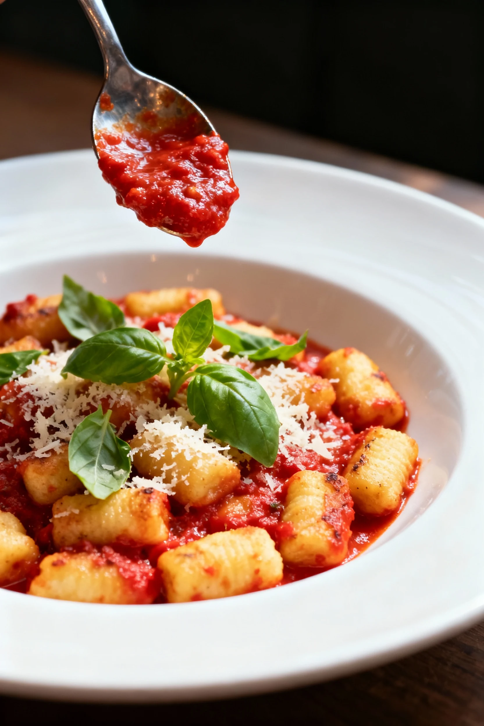 Beautifully plated baked gnocchi on a matte white shallow bowl, spooned with extra edge sauce, finished with torn fresh 