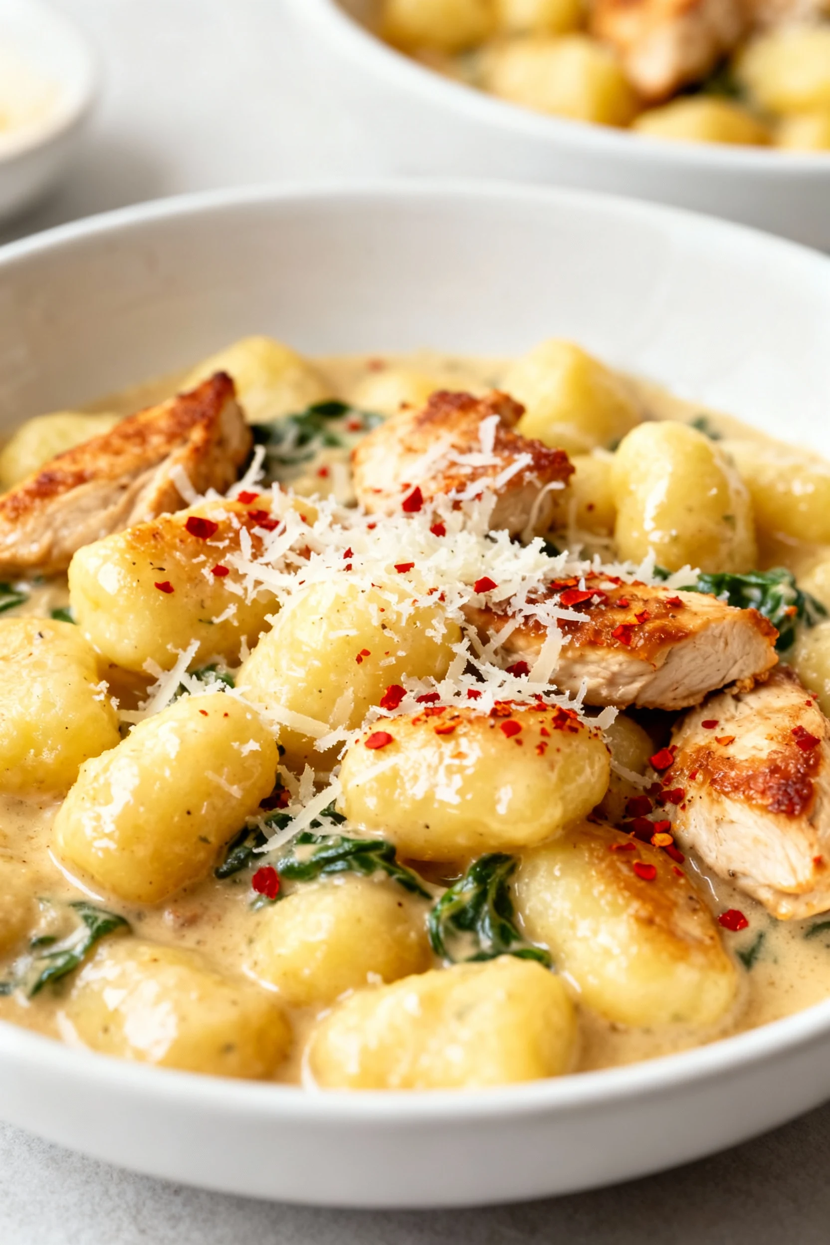 Beautifully plated One-Pan Creamy Tuscan Chicken Gnocchi served in a white ceramic bowl, garnished with freshly grated P