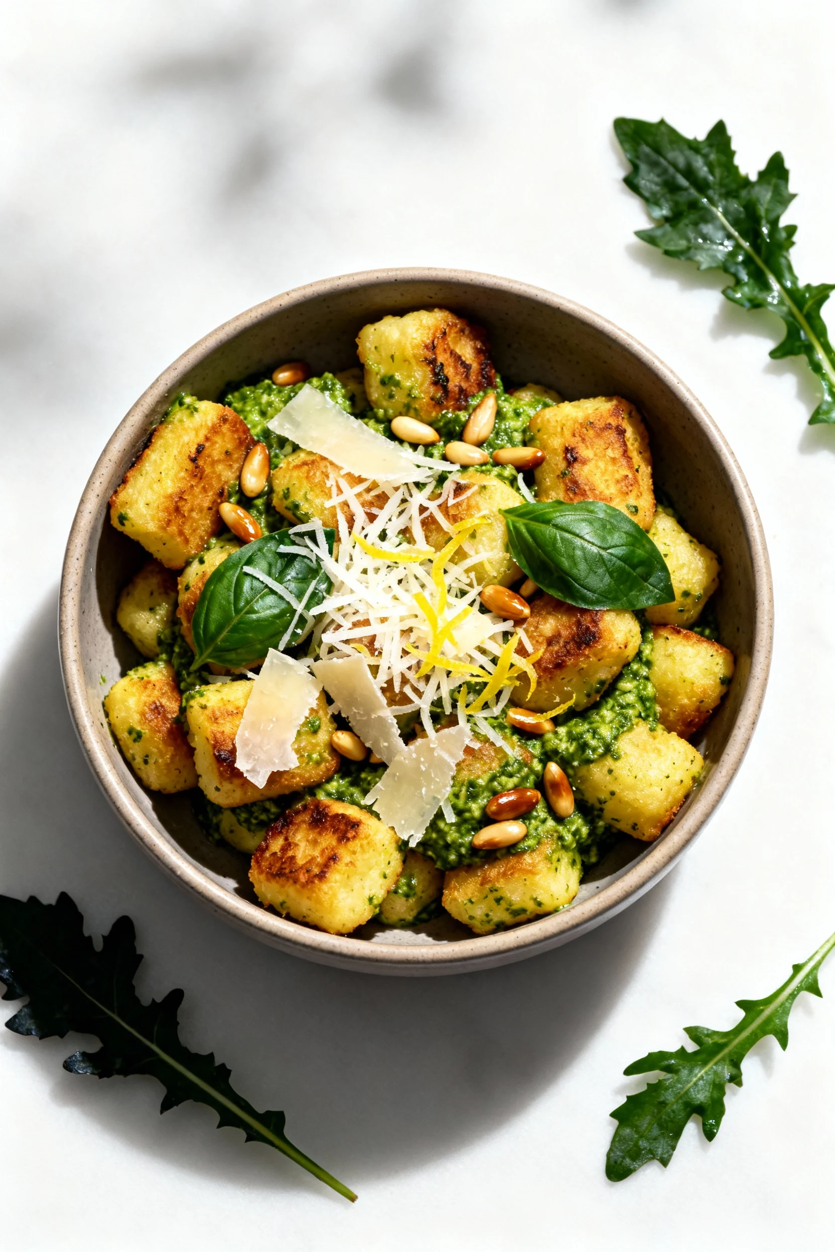 3. Beautifully plated crispy skillet gnocchi with pesto in a matte ceramic bowl, topped with freshly grated Parmesan, to