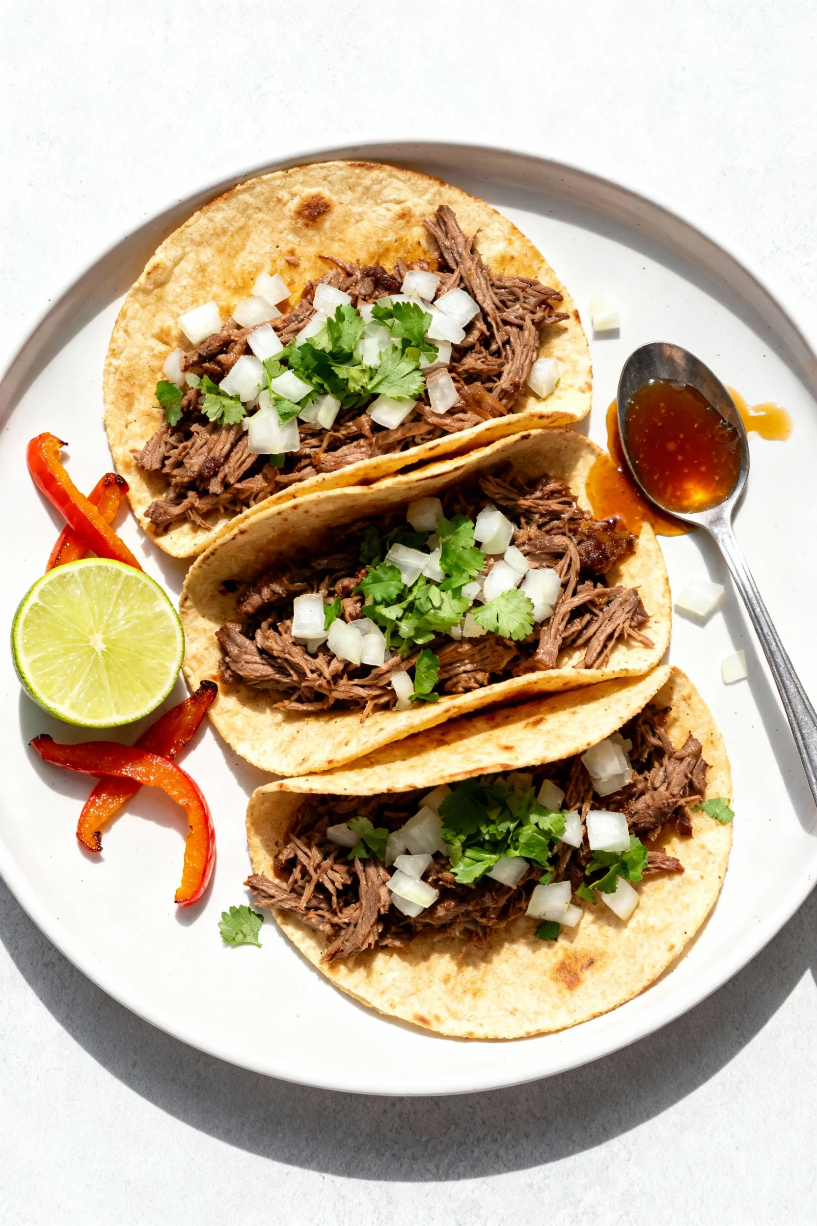3. Tasty top view: shredded beef tacos on warm tortillas, topped with diced onion and cilantro, a spooned drizzle of the