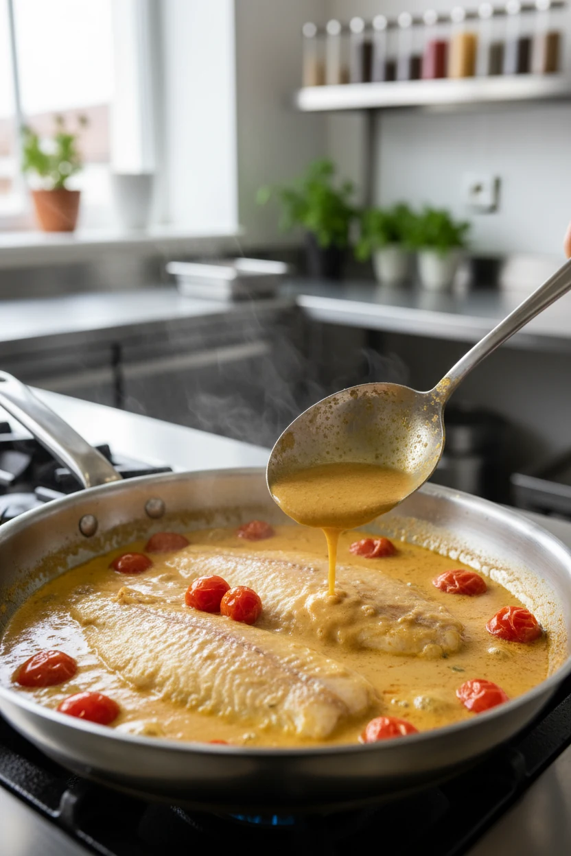 Tilapia fillets gently simmering in creamy coconut milk curry, cherry tomatoes bursting and sauce bubbling at the edges,