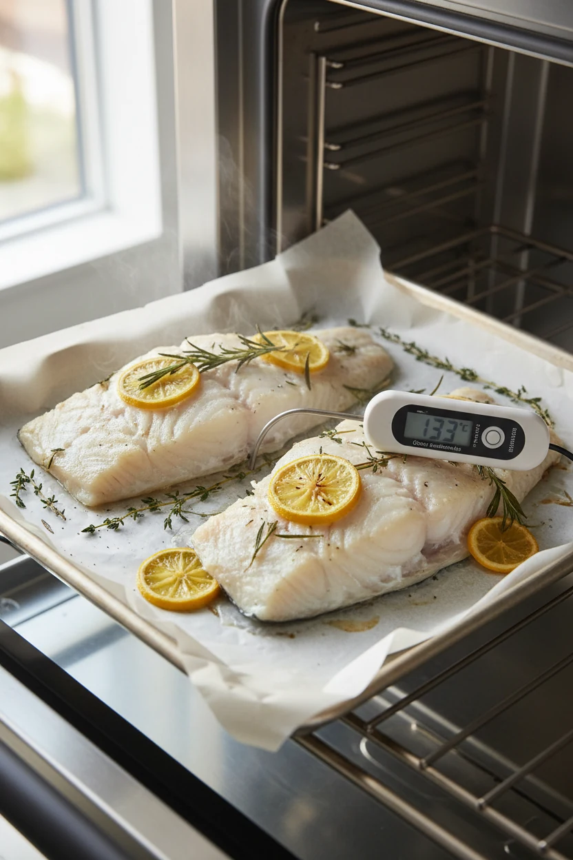 Cooking process: cod fillets in the oven at 425°F nearing doneness—edges opaque and starting to flake, instant-read ther