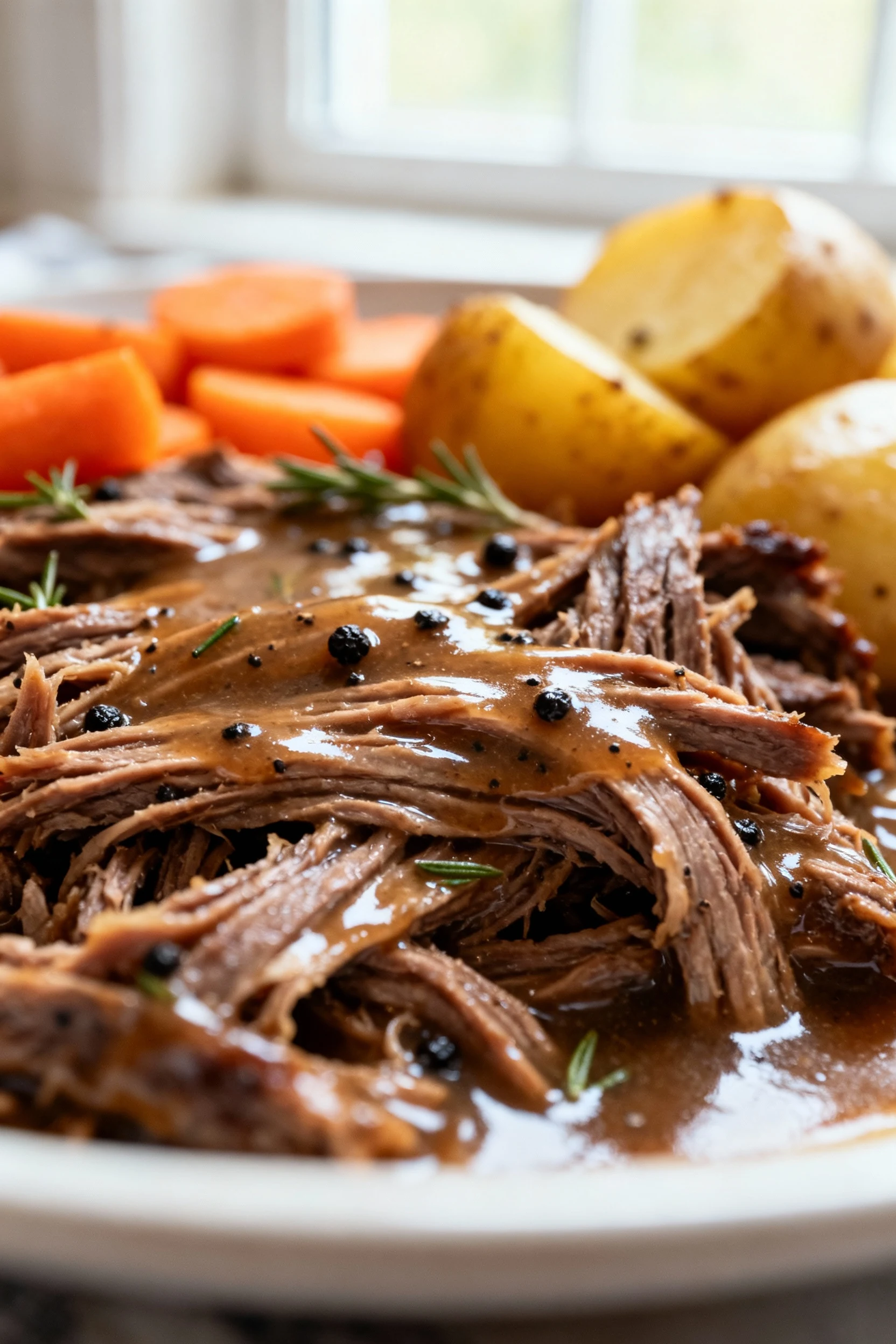 3. Close-up detail: silky, shreddable strands of chuck roast glistening with rich gravy, coarse black pepper and thyme f