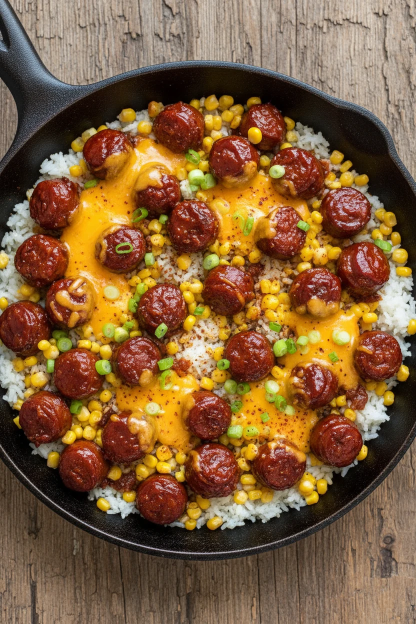 Overhead shot of BBQ Cheddar Skillet Rice—glossy BBQ-glazed sausage bites, fluffy rice, sweet corn, and puddles of melte