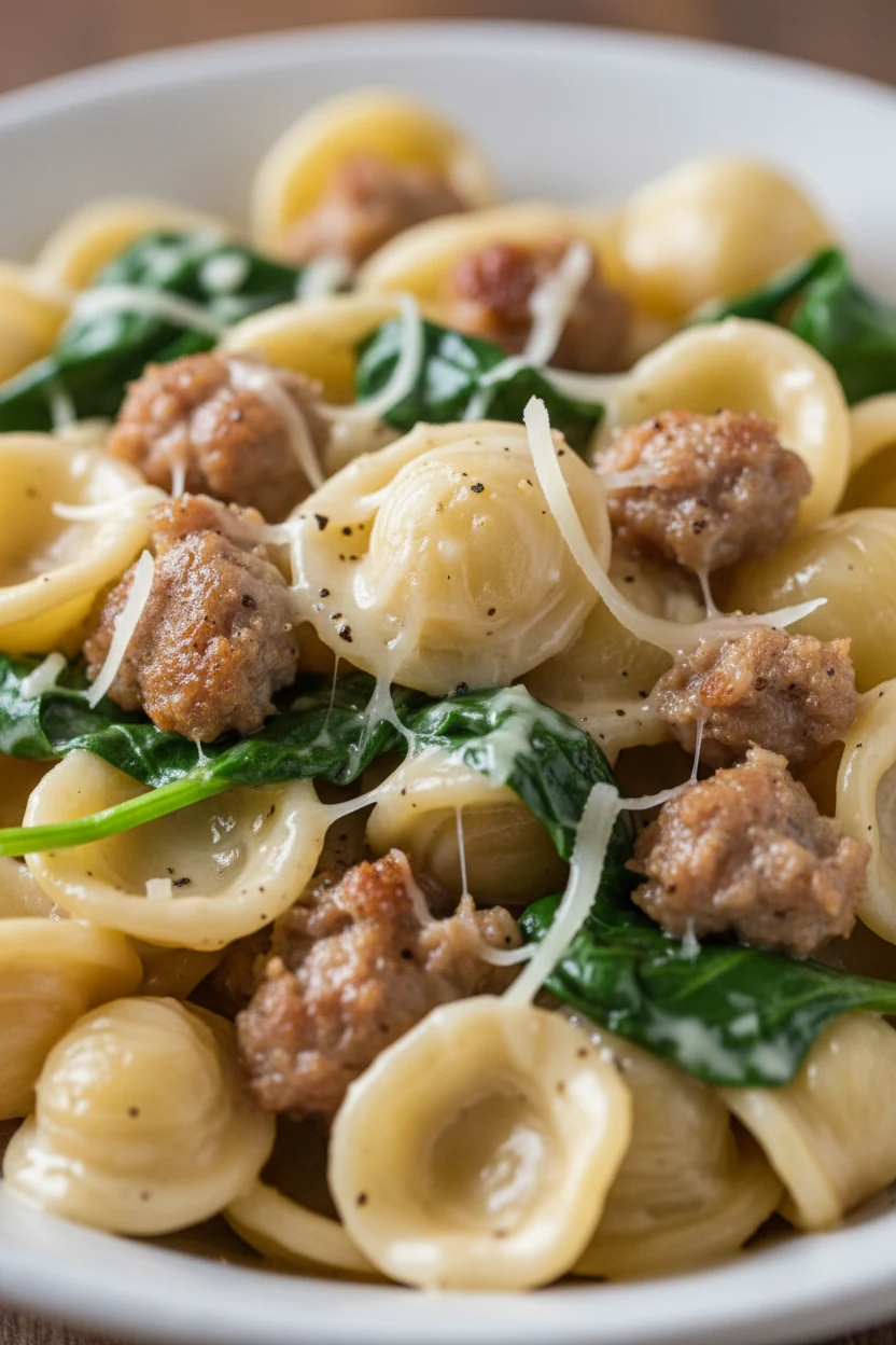 3. Macro close-up of orecchiette coated in silky cream sauce; crisp-edged sausage crumbles, melted Parmesan threads, bla