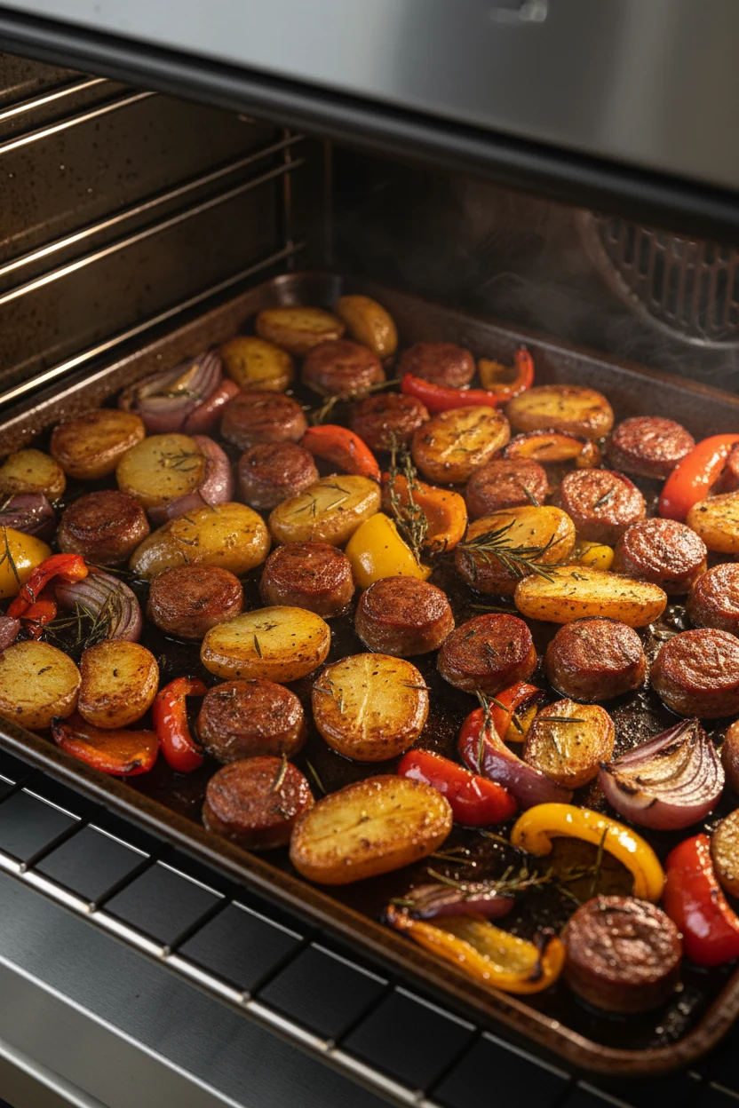 Mid-roast oven rack view at 425°F of the sheet pan sizzling—potatoes deeply golden, sausage coins crisping, peppers and 