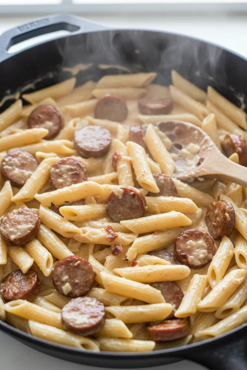 Cooking process shot: creamy one-pot kielbasa pasta in a deep skillet as cream and Parmesan emulsify into a silky sauce,