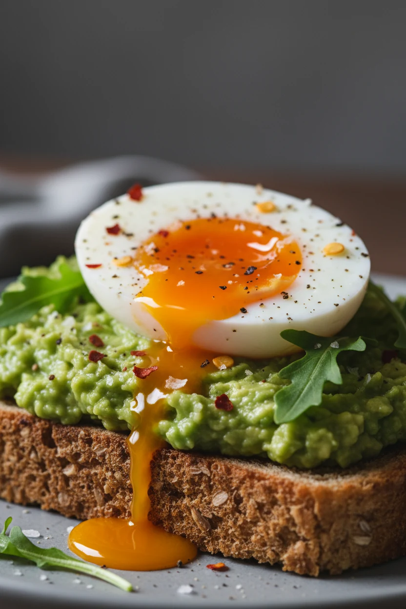 Close-up detail: Avocado Egg Toast with a 6-minute jammy egg split open over lemony smashed avocado on thick whole-grain
