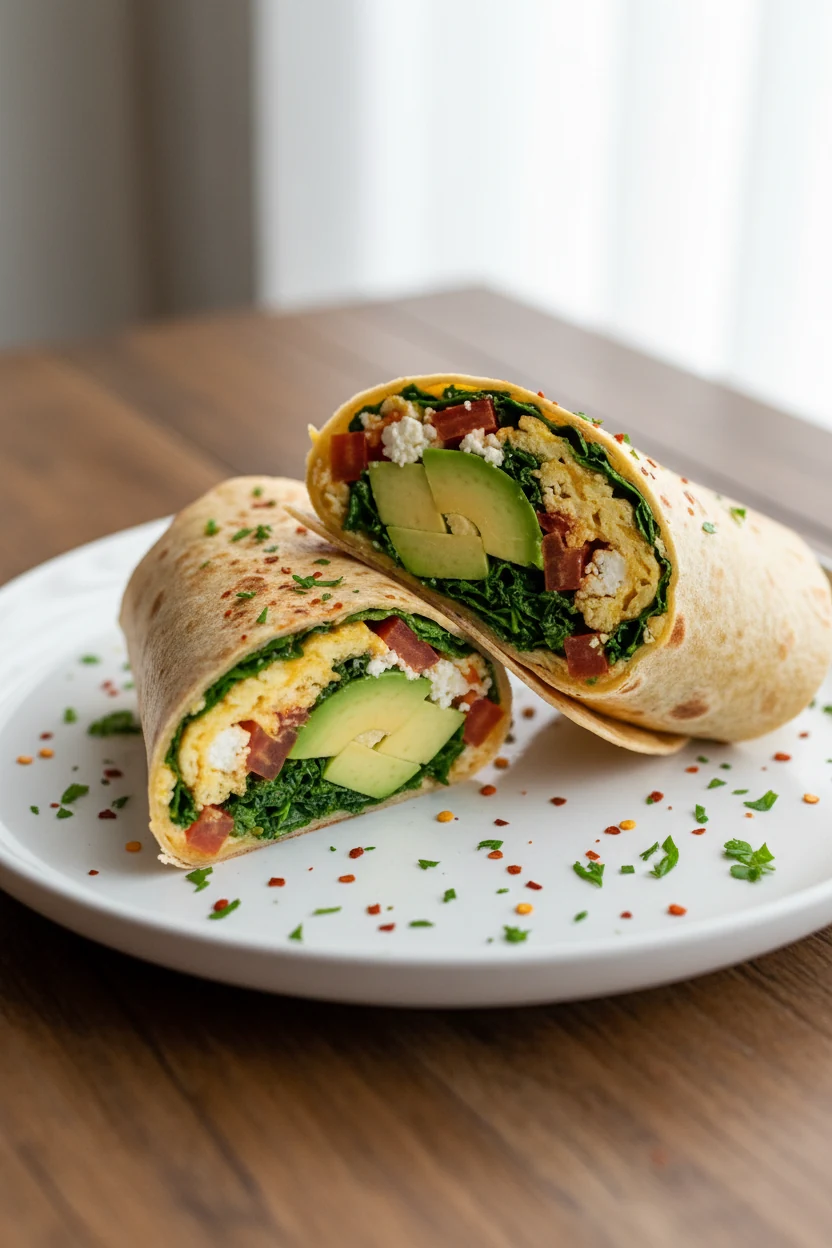 3. Final dish: beautifully plated breakfast wrap, sliced in half on a white ceramic plate; crisp cross‑section showing f