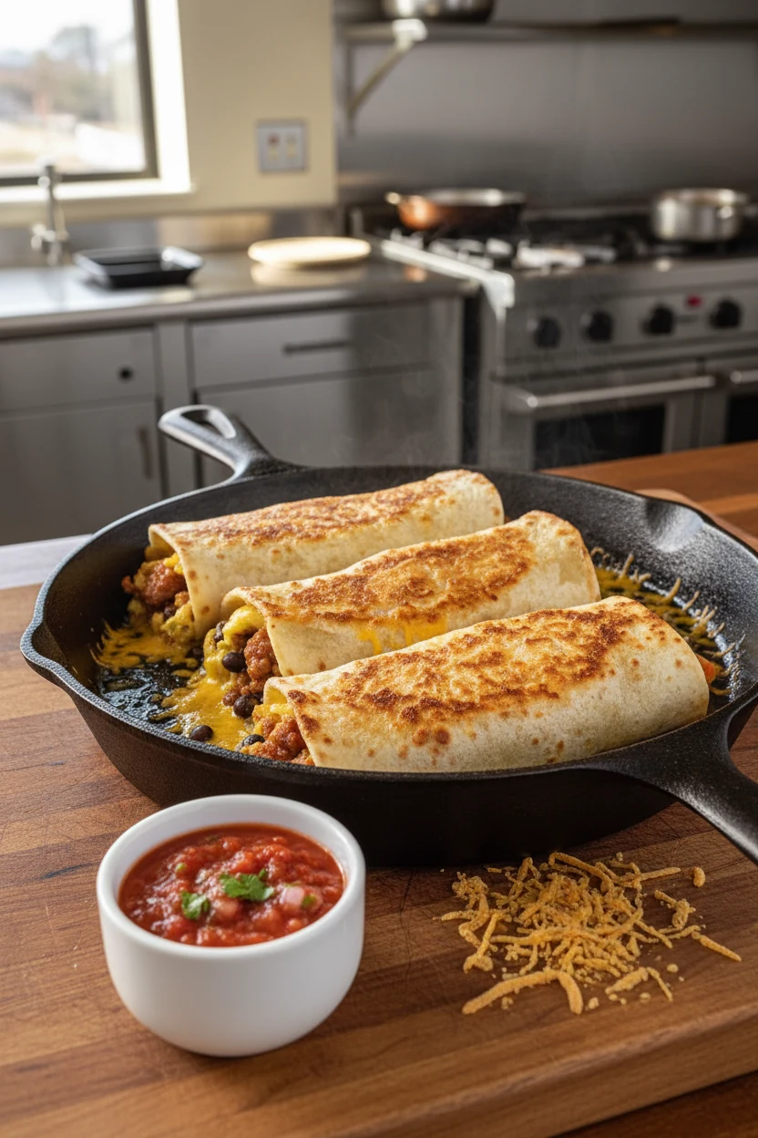 Cooking process: breakfast burritos being pan-seared seam-side down in a cast-iron skillet until tortillas are blistered