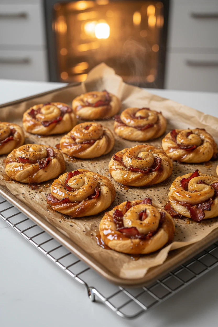 3. Cooking process: Maple Bacon Twists just out of a 400°F oven on a parchment-lined sheet pan—puffed, twisted strips wi