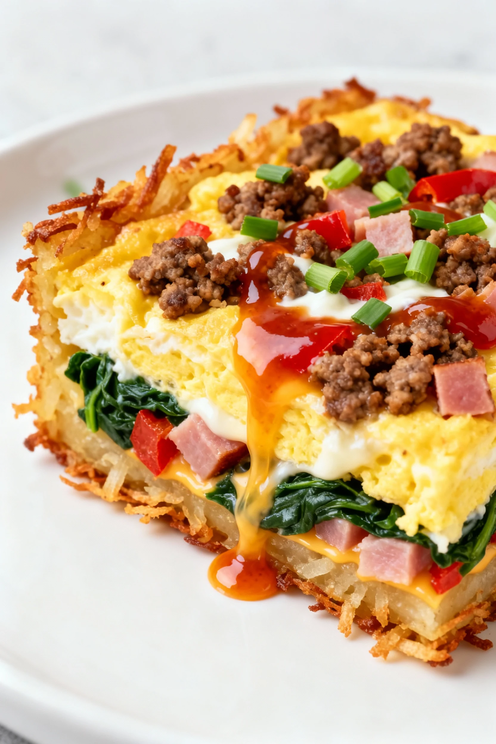 Food photography, 3. Macro close-up of a plated square with a crispy hash brown crust base: ultra-crisp potato edges, cu