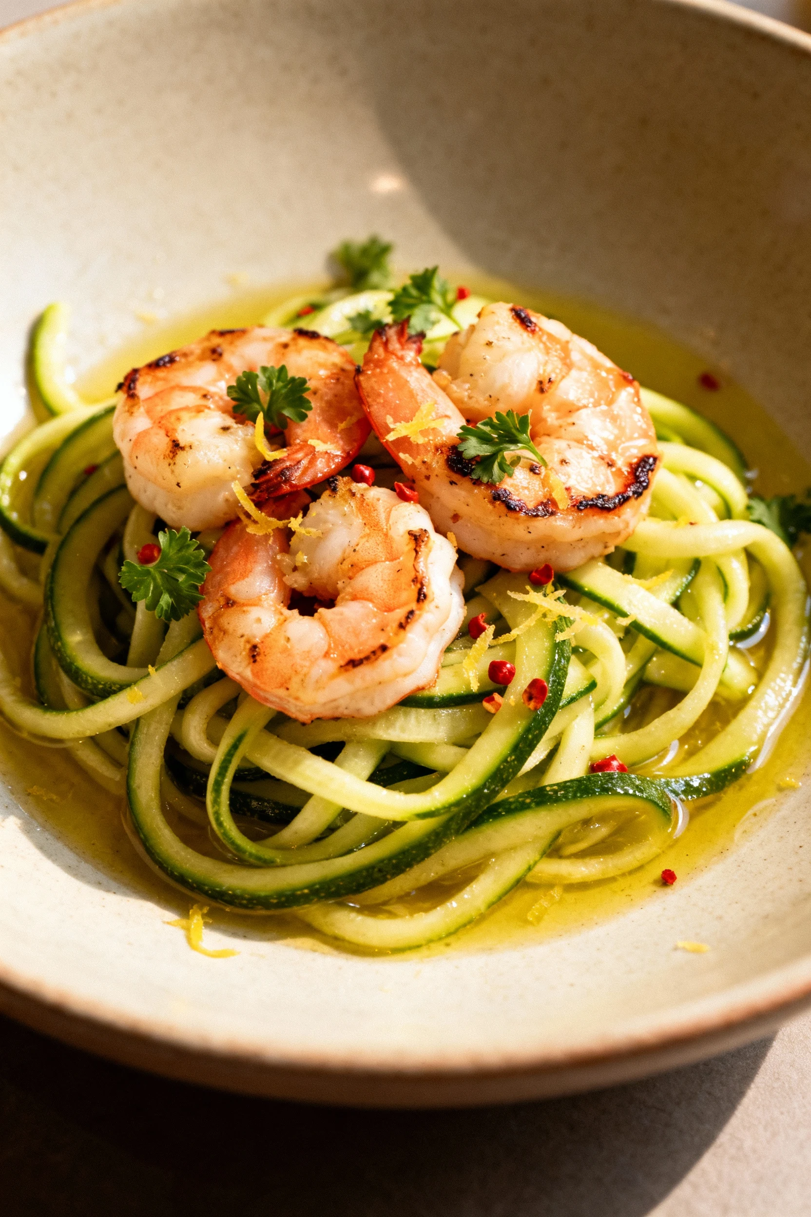 Final dish: zucchini noodles with garlicky shrimp in a shallow ceramic bowl—glossy zoodles, seared pink shrimp, parsley 