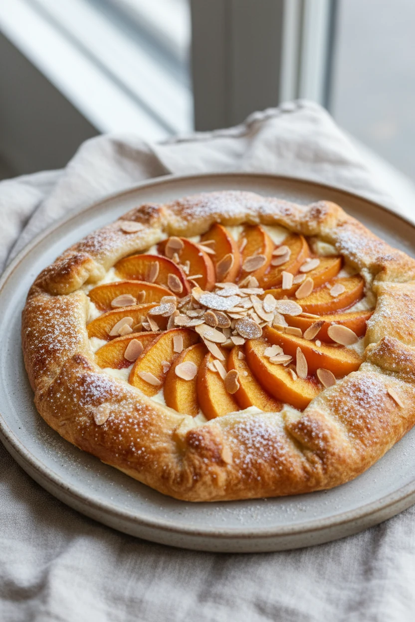 Beautifully plated galette-style peach–almond puff pastry tart: rustic folded edges caramelized and sugared, tender peac