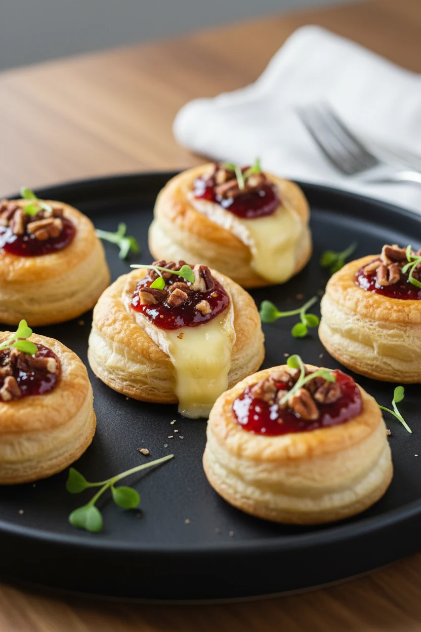Final dish presentation: Brie & fig jam puff pastry bites with chopped pecans, molten Brie and glistening jam centered,