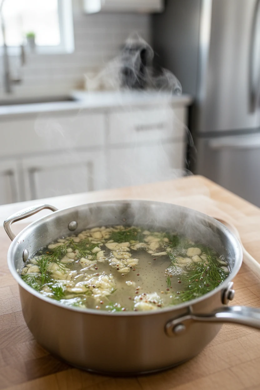 Cooking process shot showing steaming vinegar brine in a saucepan just after adding crushed garlic and dill, with visibl