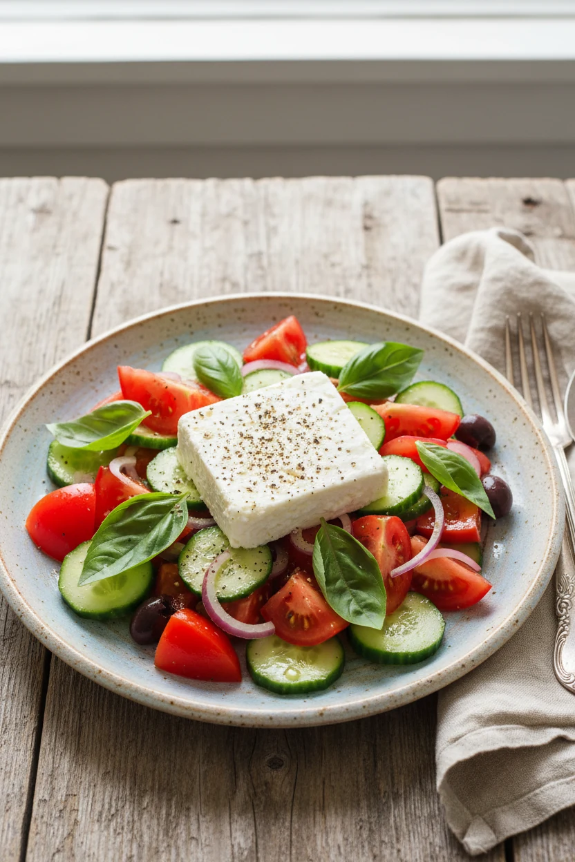 Final plated Greek cucumber tomato salad served on a rustic wooden table, in a shallow stoneware plate, garnished with f